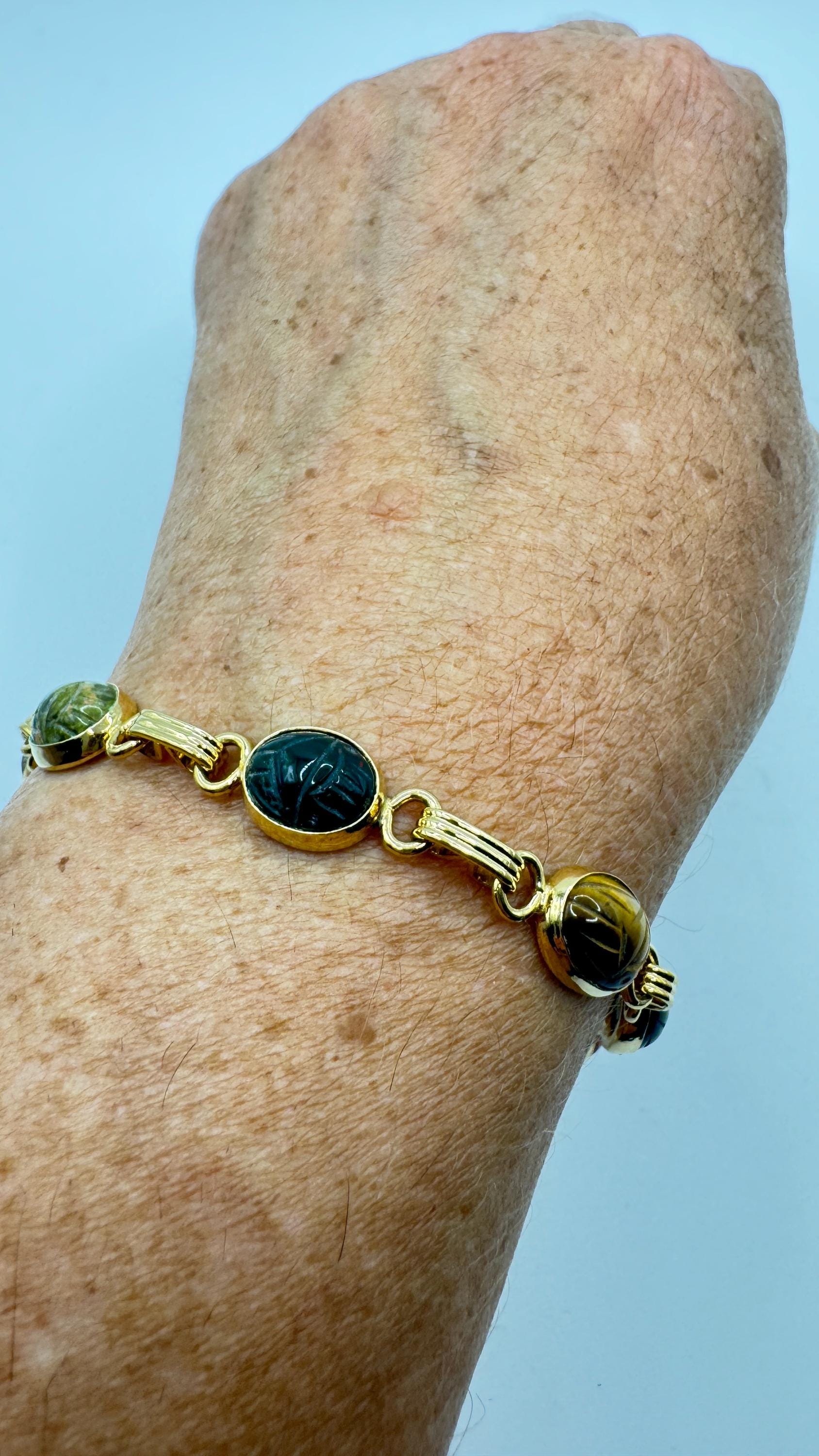 Vintage Scarab Bracelet Gold filled Carved Gemstones