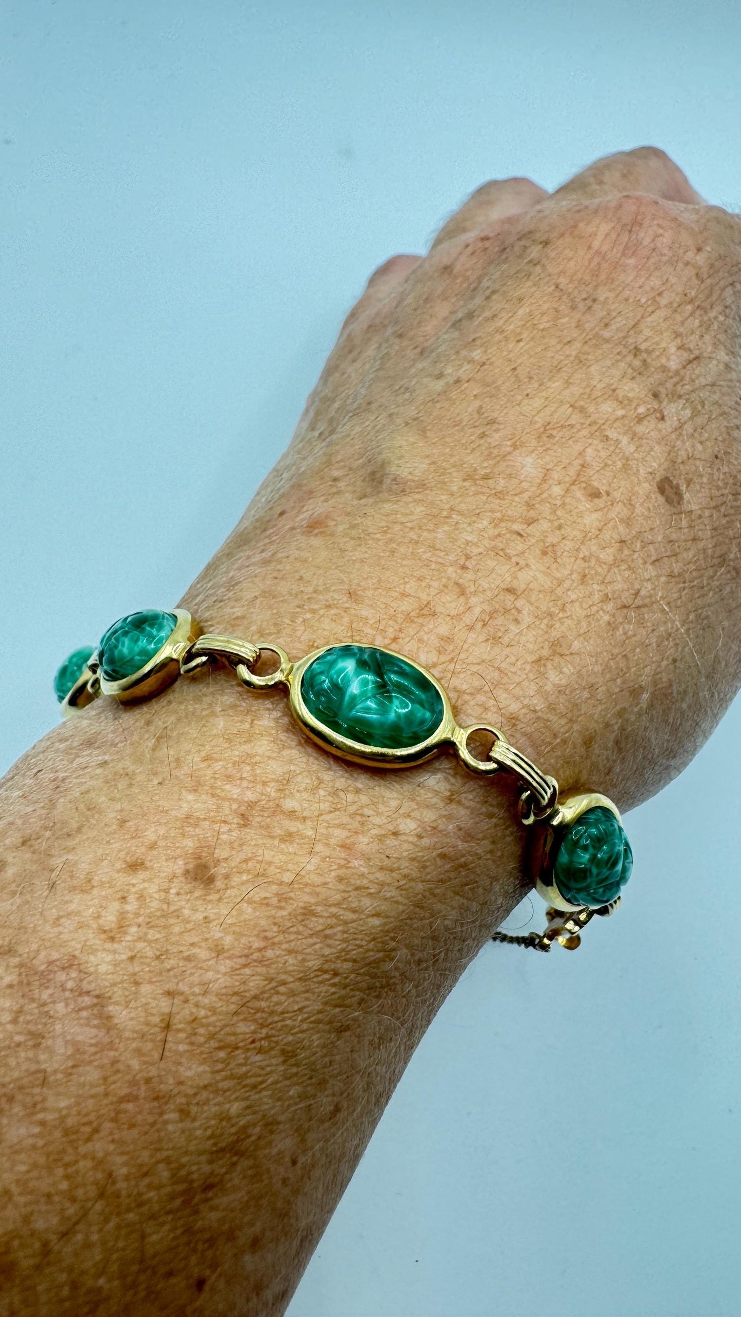 Vintage Green Jade Scarab Bracelet Golden filled