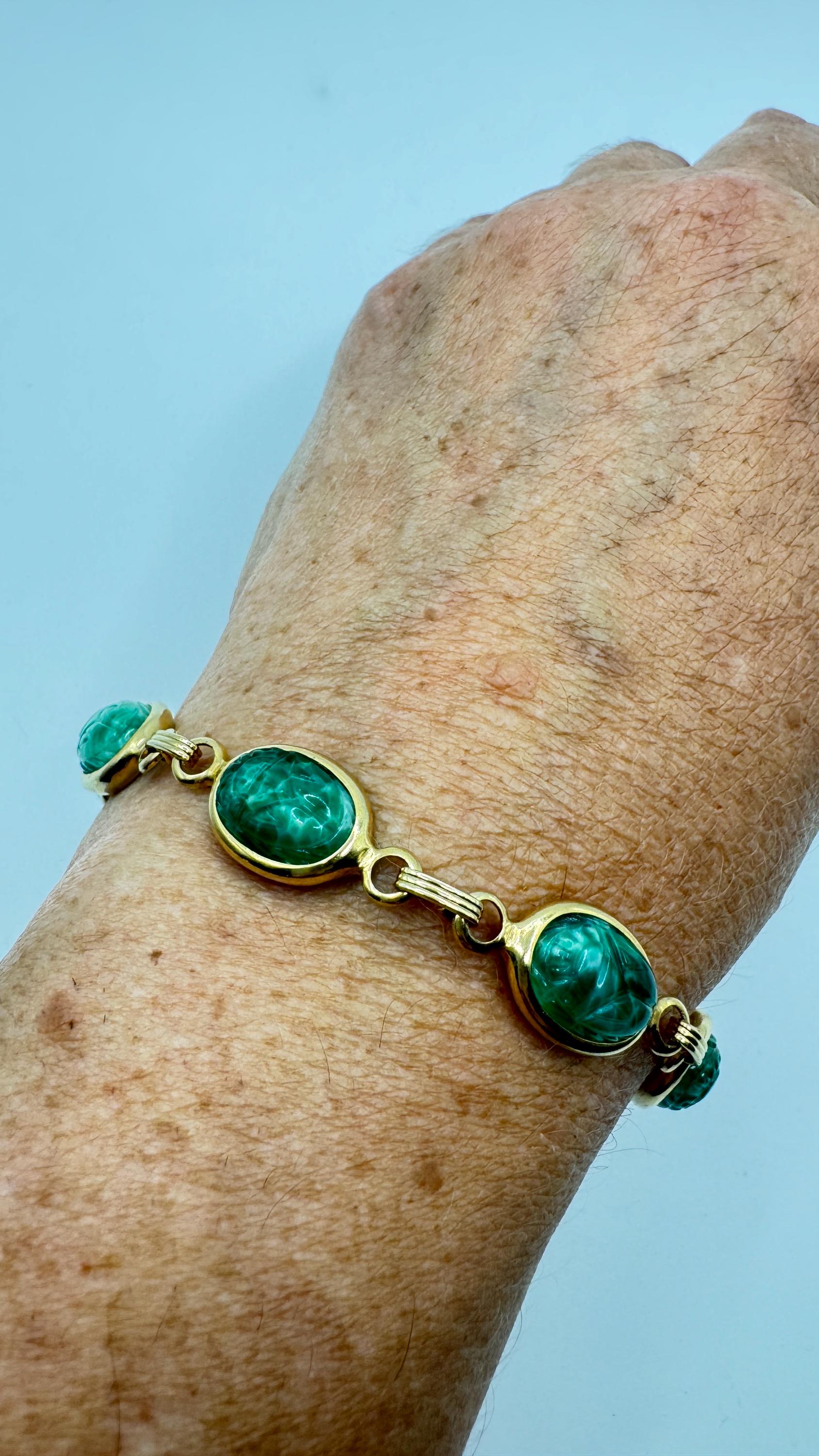 Vintage Green Jade Scarab Bracelet Golden filled
