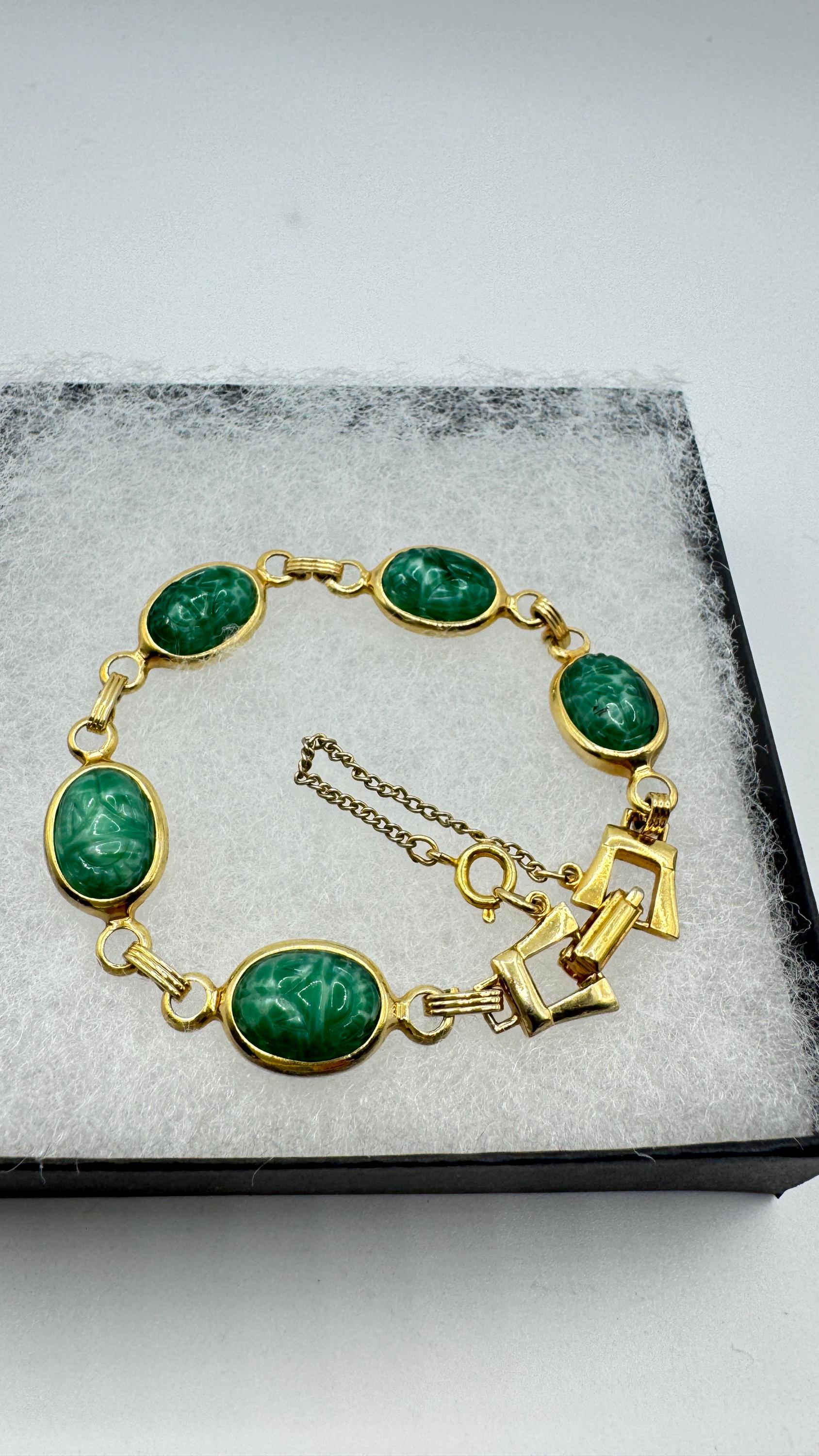 Vintage Green Jade Scarab Bracelet Golden filled