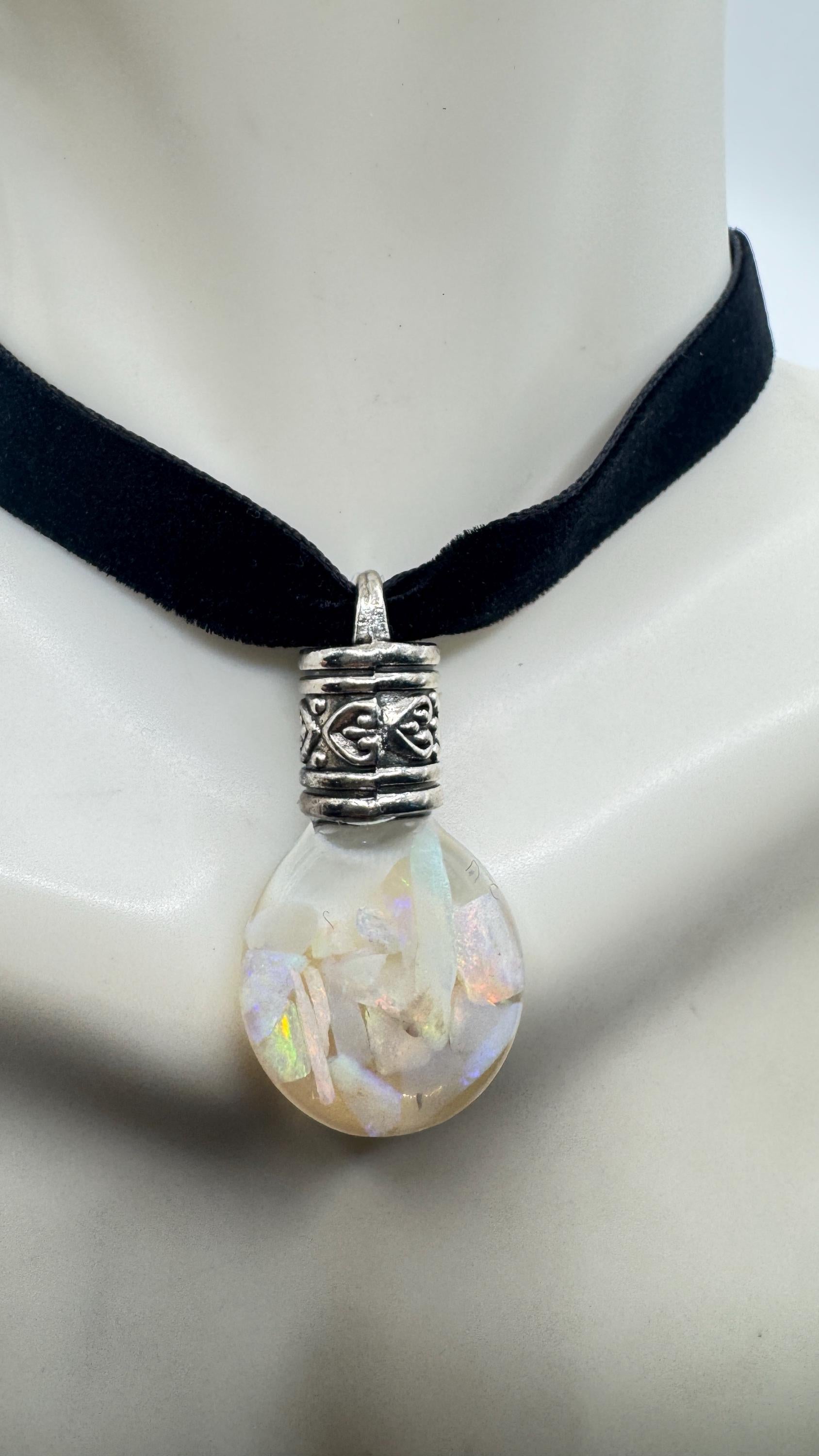 Vintage White Floating Opal Choker Pendant Necklace Black Choker