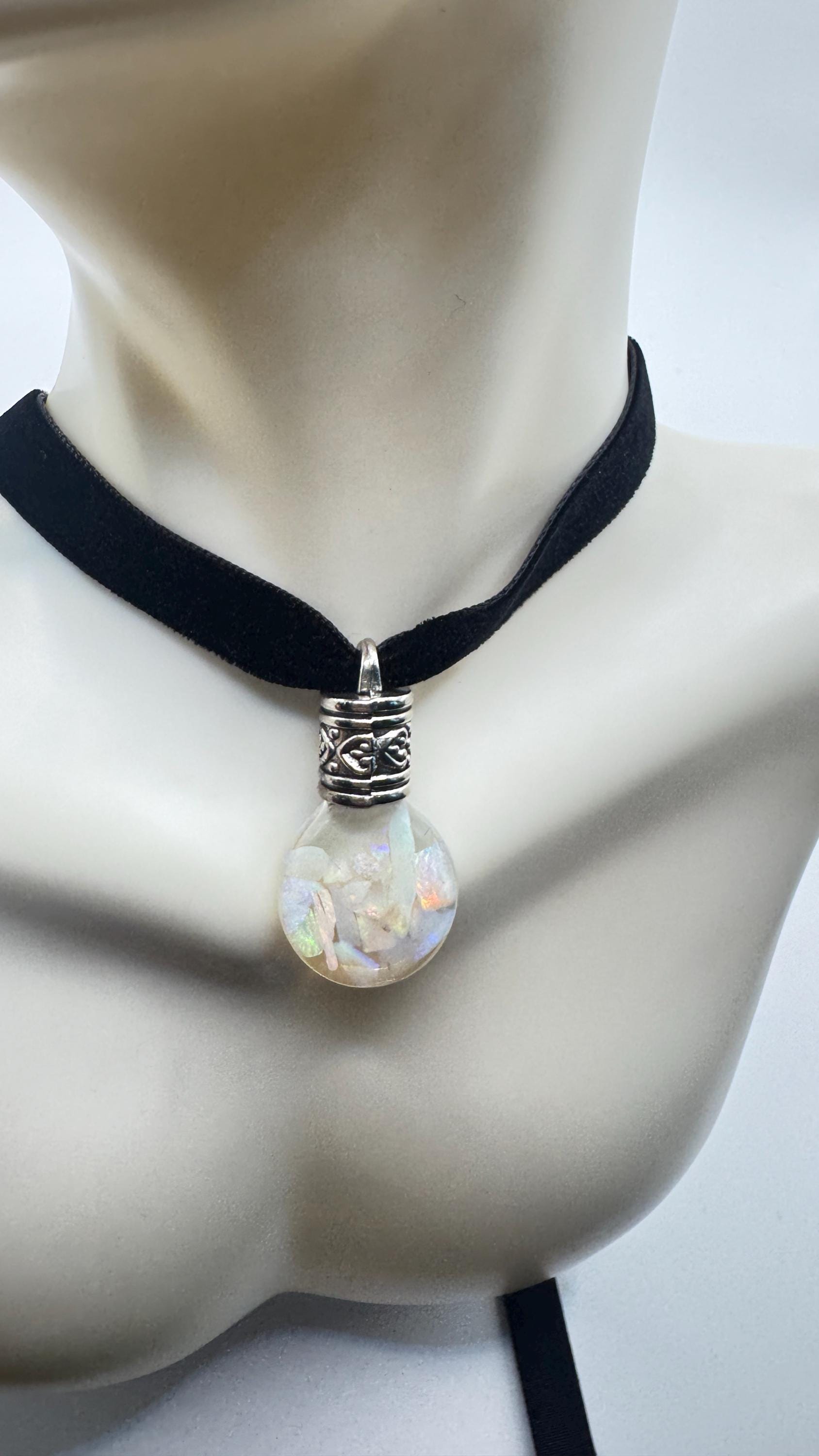 Vintage White Floating Opal Choker Pendant Necklace Black Choker
