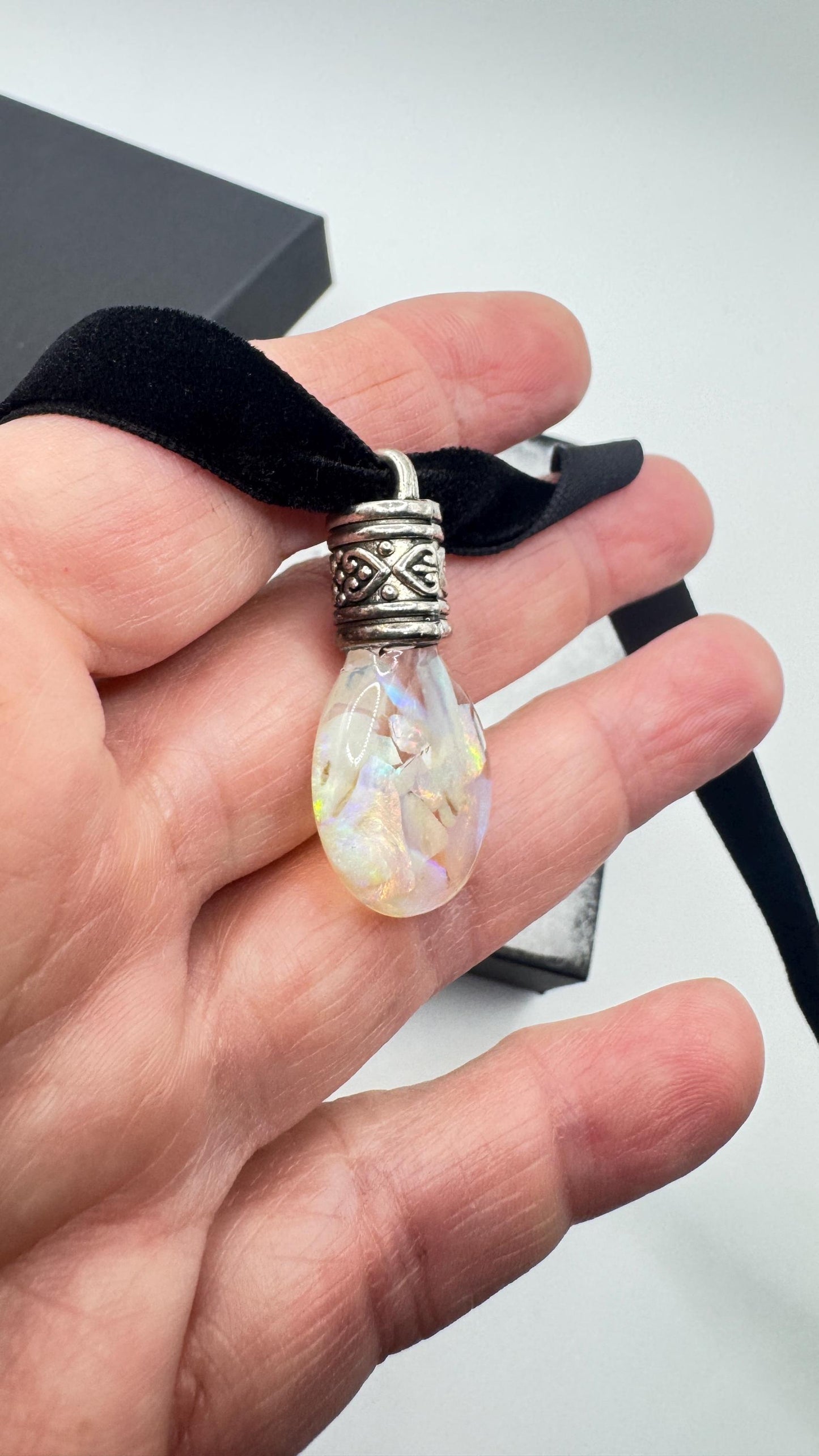 Vintage White Floating Opal Choker Pendant Necklace Black Choker