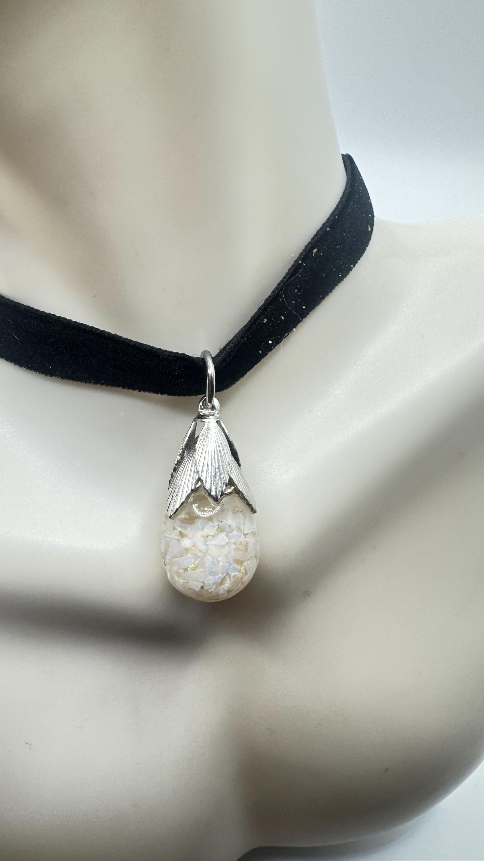 Vintage White Floating Opal Choker 925 Sterling Silver Pendant Necklace Black Choker