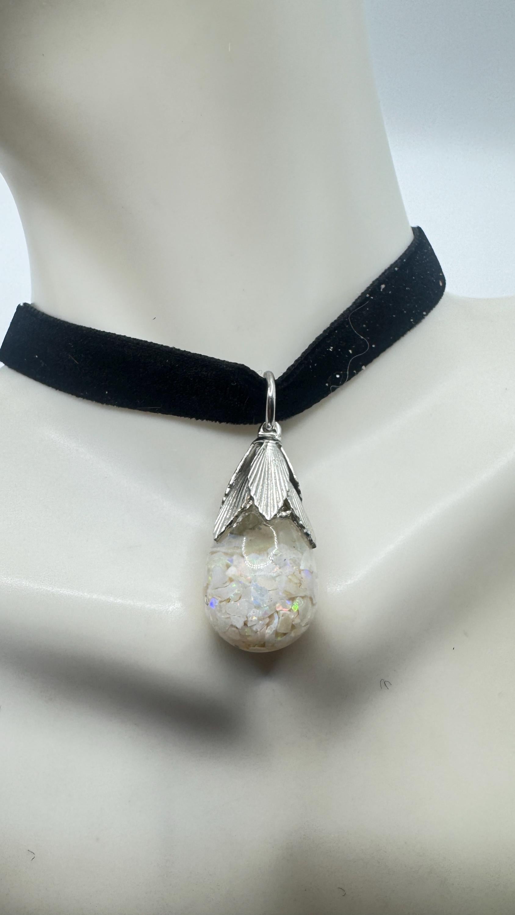 Vintage White Floating Opal Choker 925 Sterling Silver Pendant Necklace Black Choker