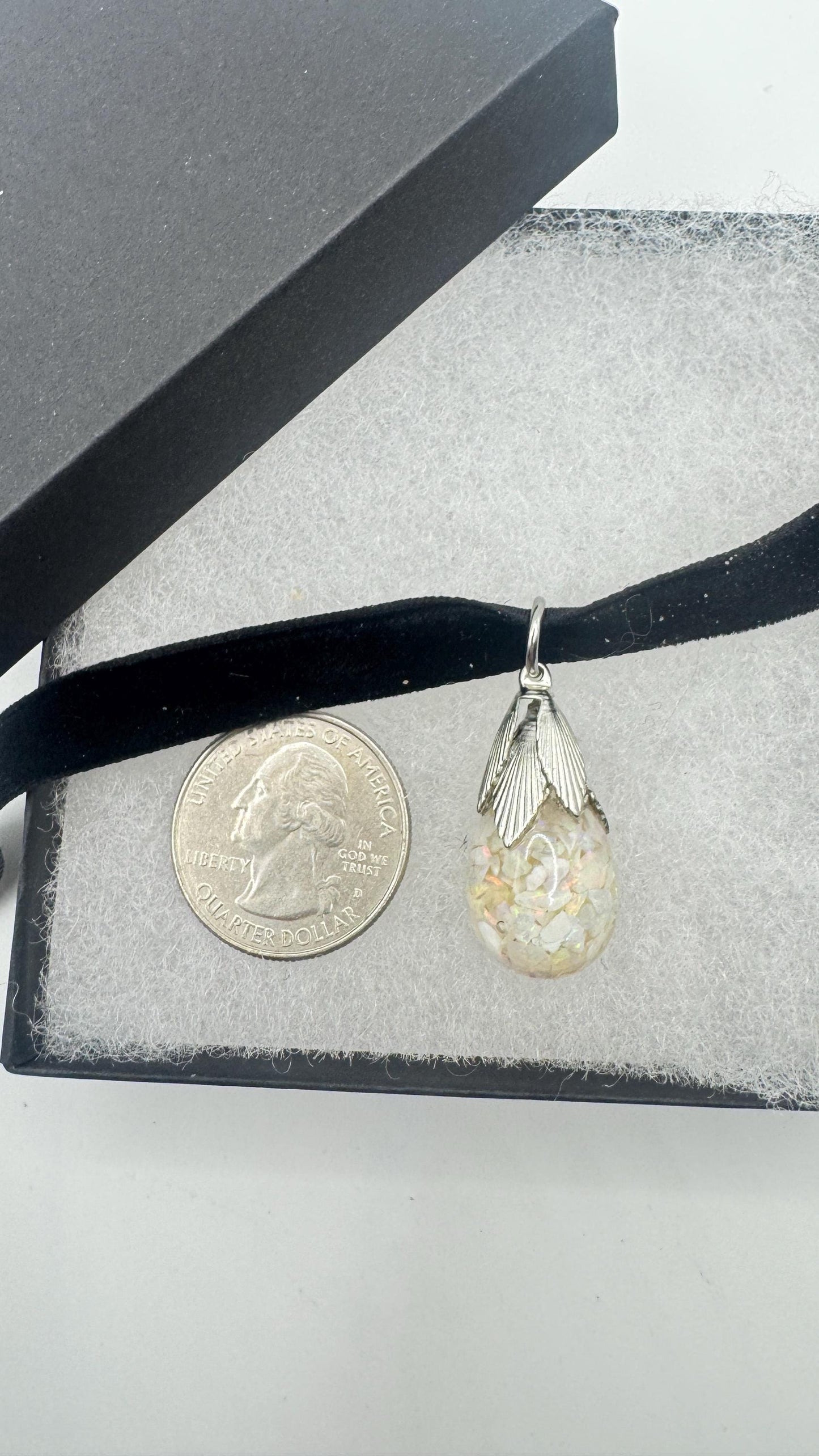 Vintage White Floating Opal Choker 925 Sterling Silver Pendant Necklace Black Choker