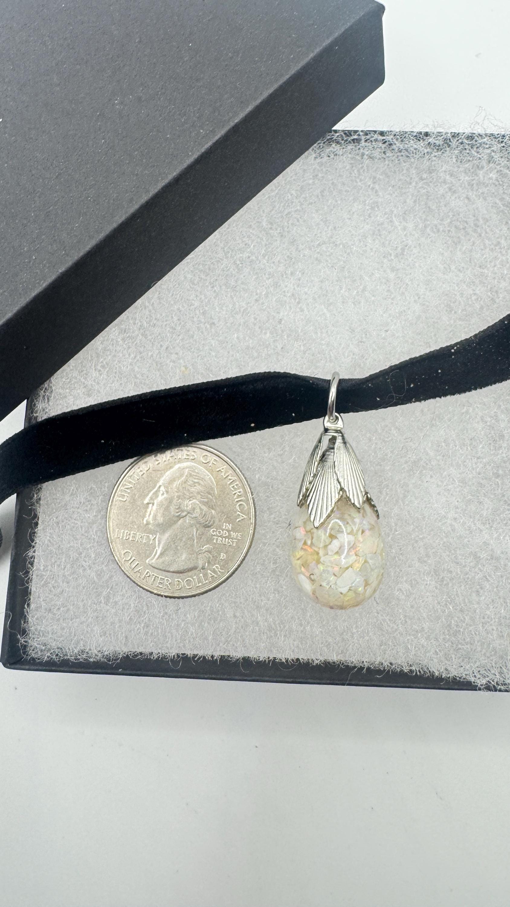 Vintage White Floating Opal Choker 925 Sterling Silver Pendant Necklace Black Choker