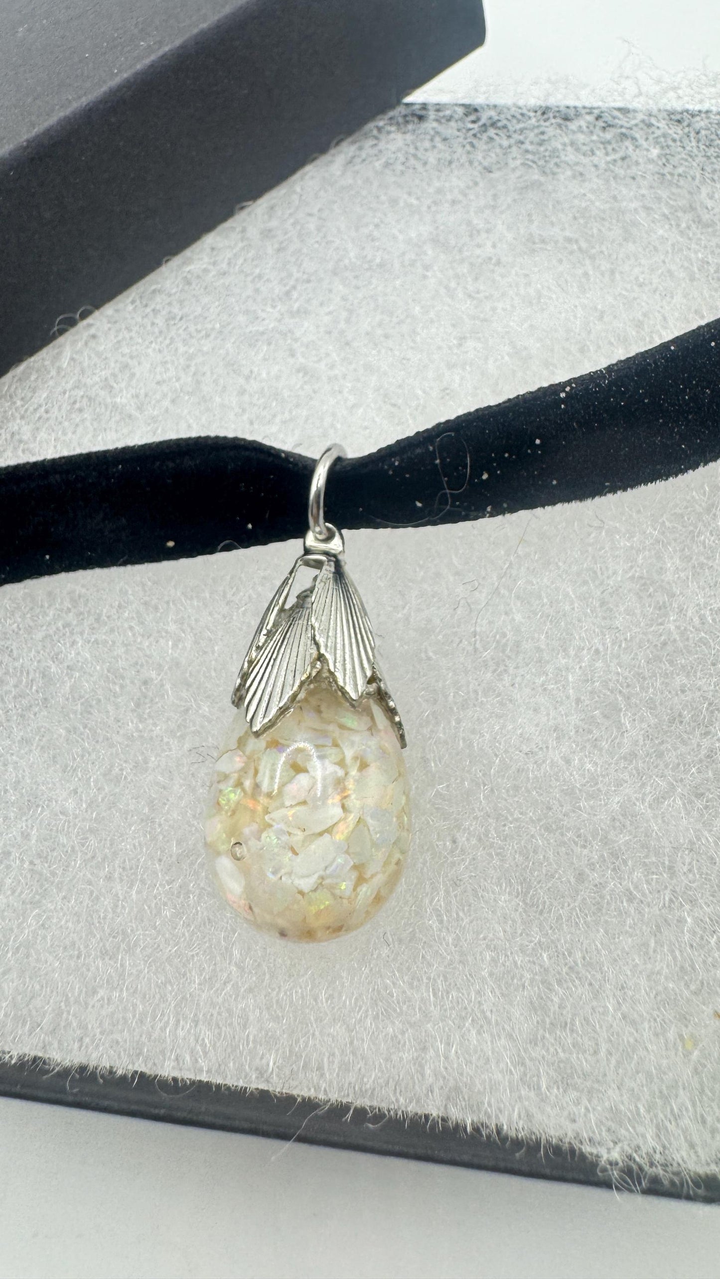 Vintage White Floating Opal Choker 925 Sterling Silver Pendant Necklace Black Choker