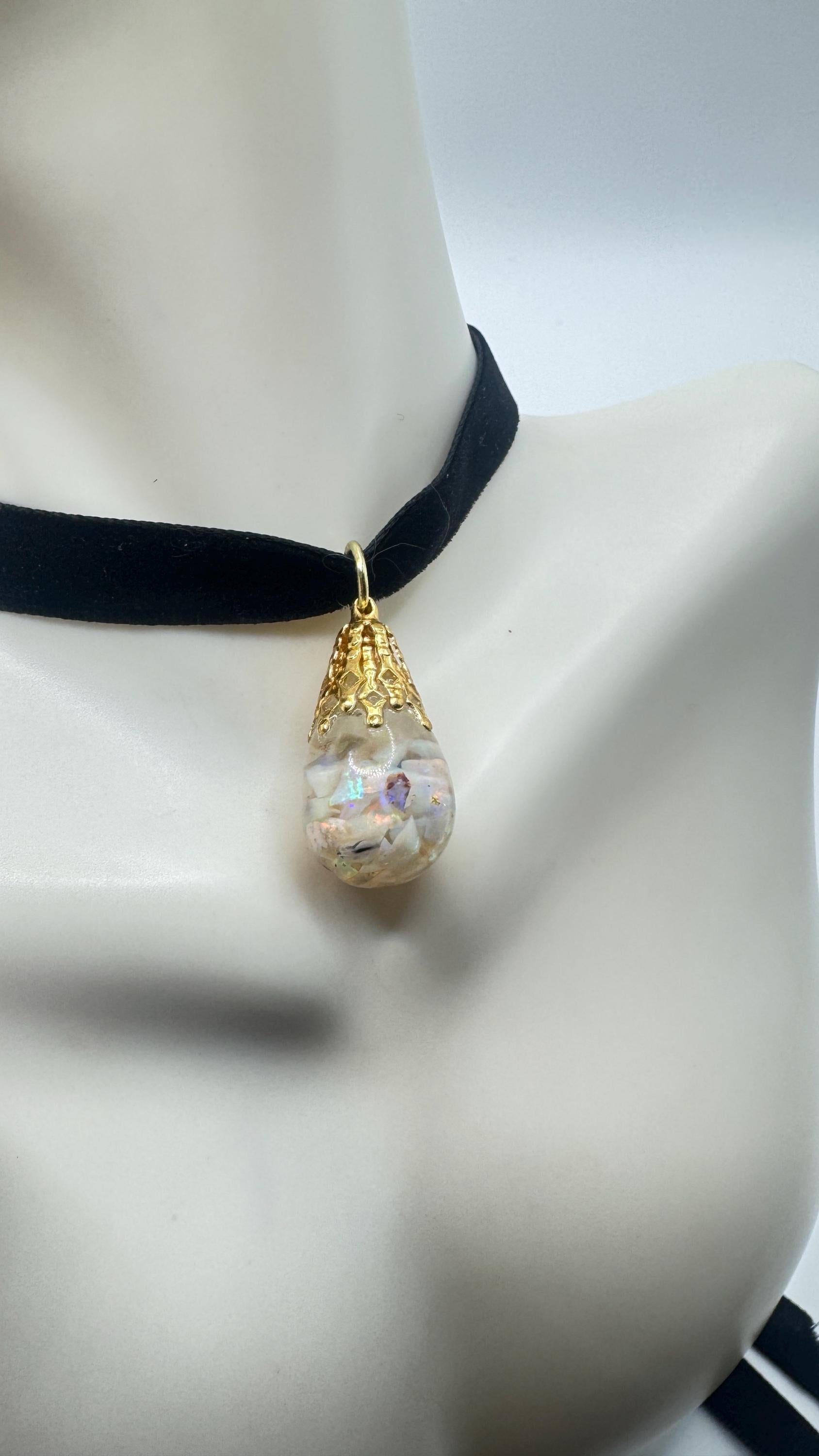 Vintage White Floating Opal Choker Pendant Necklace Black Choker