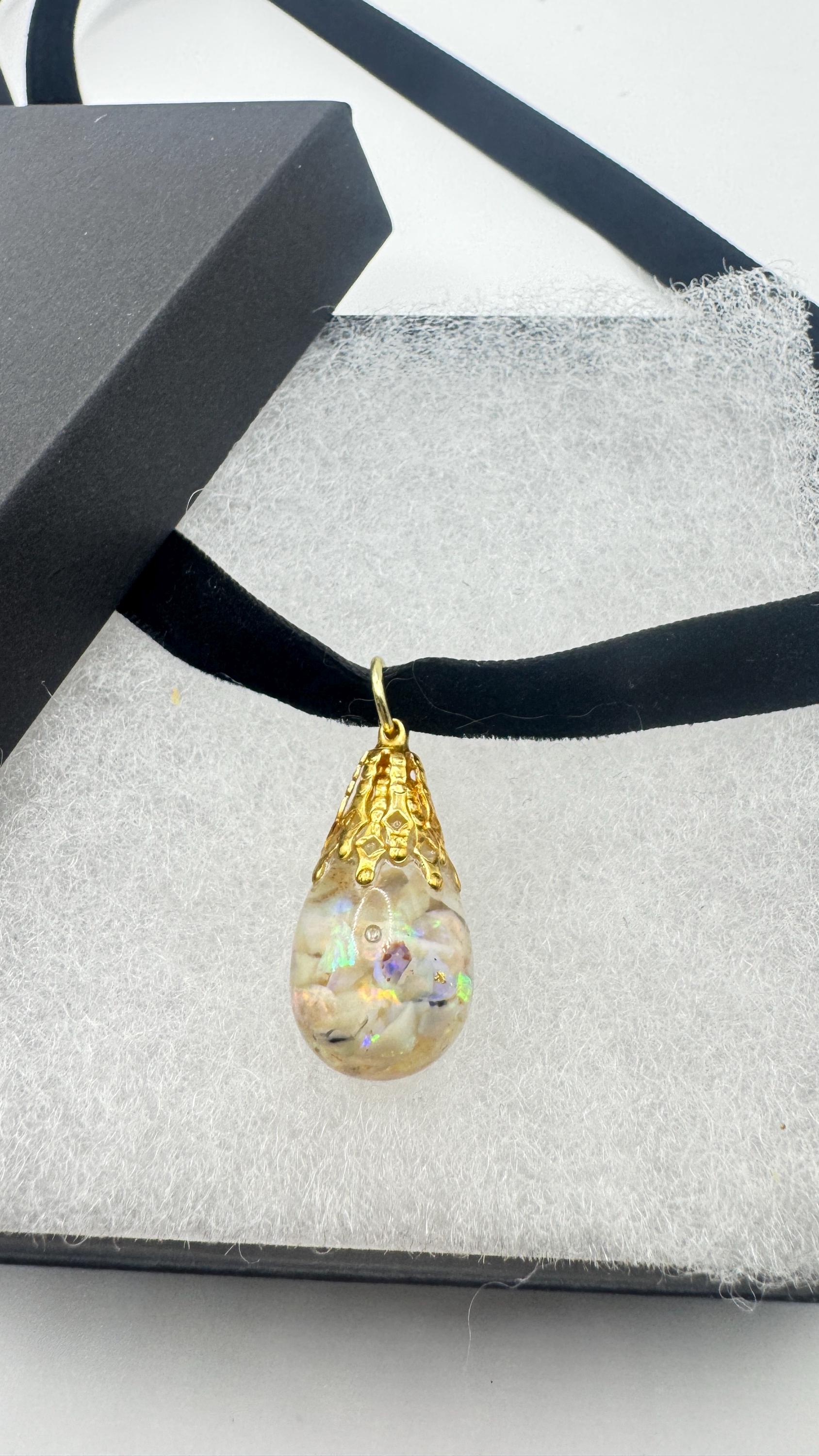 Vintage White Floating Opal Choker Pendant Necklace Black Choker