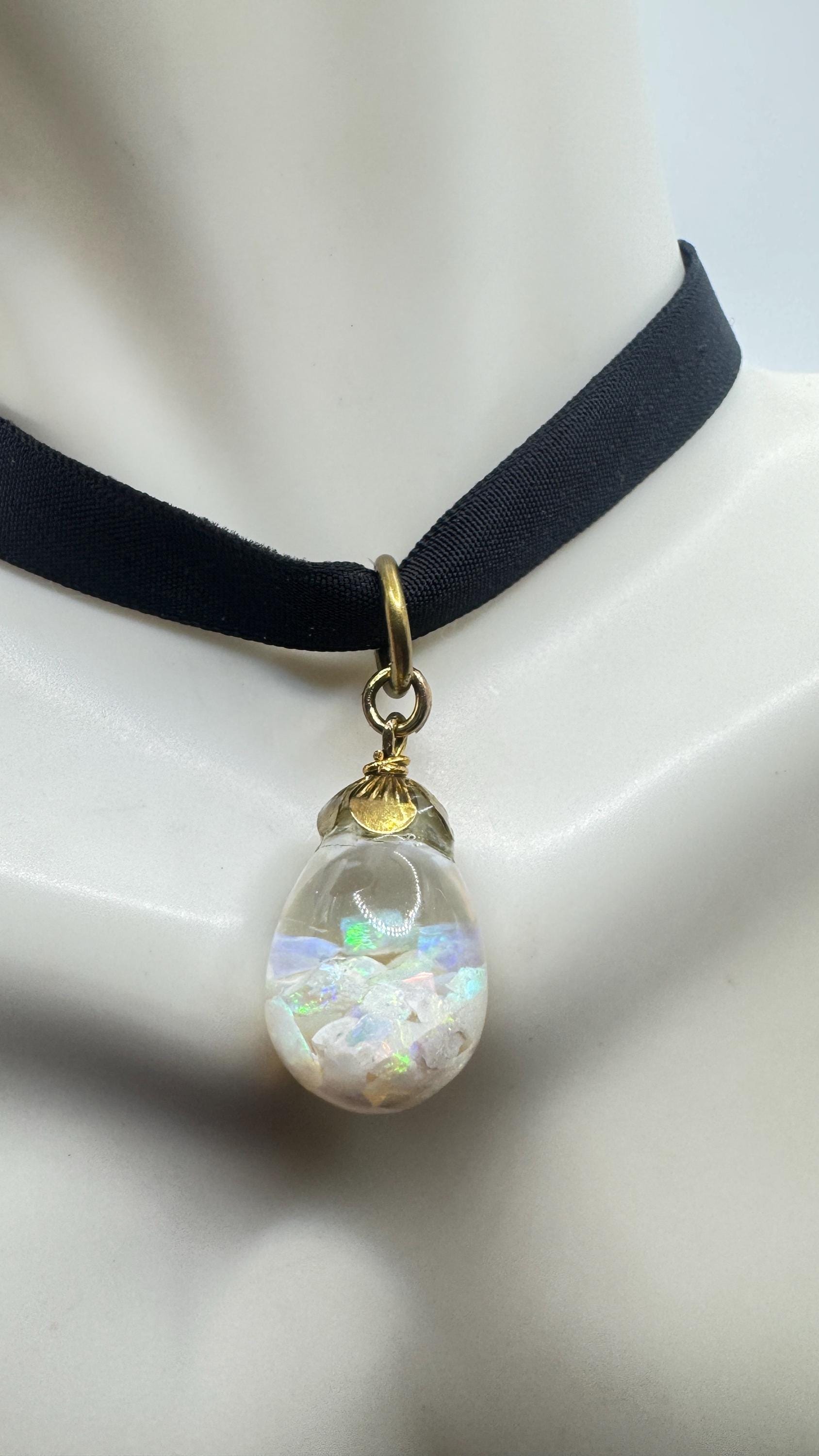 Vintage White Floating Opal Choker Pendant Necklace Black Choker