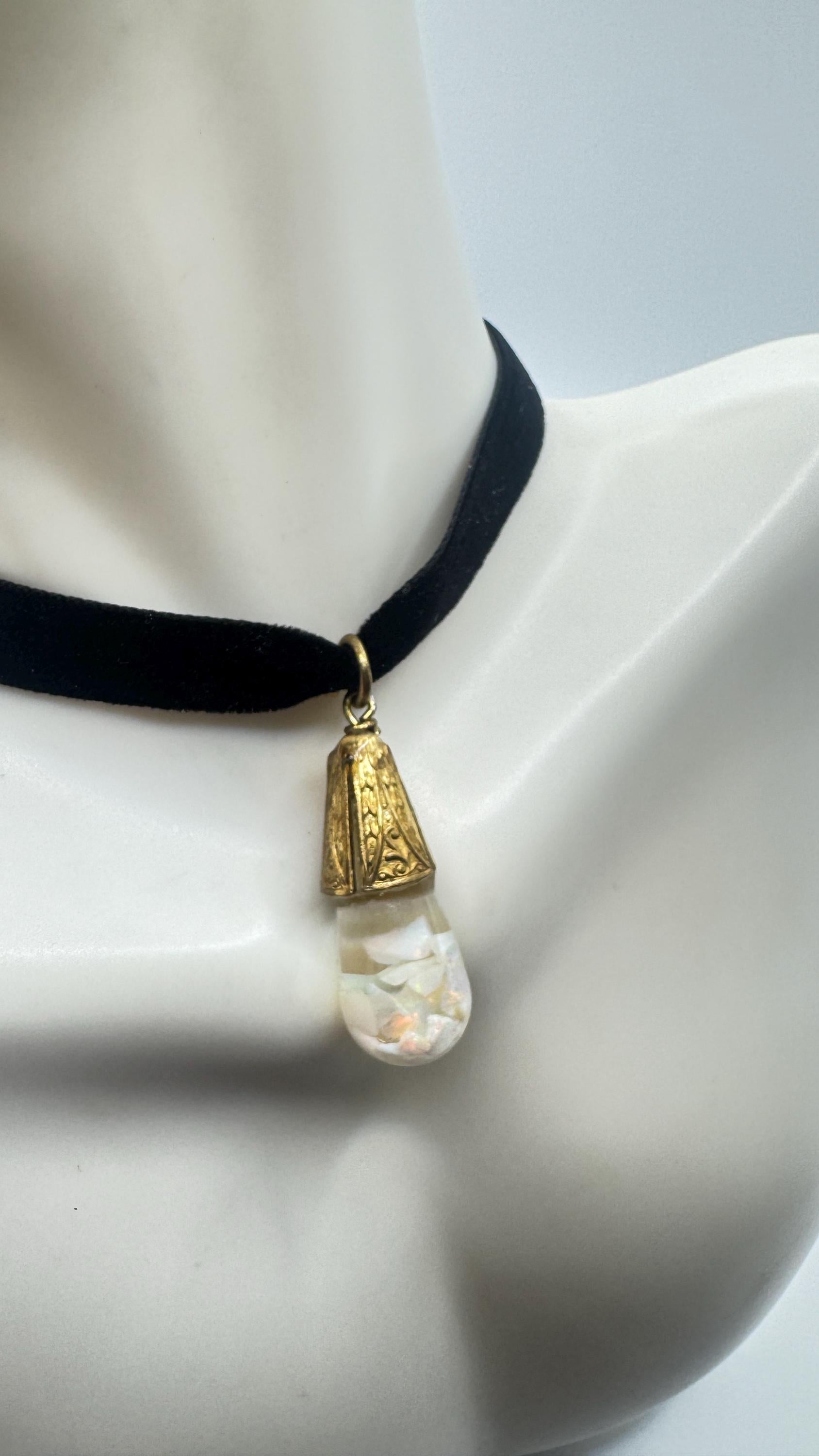Vintage White Floating Opal Choker Pendant Necklace Black Choker