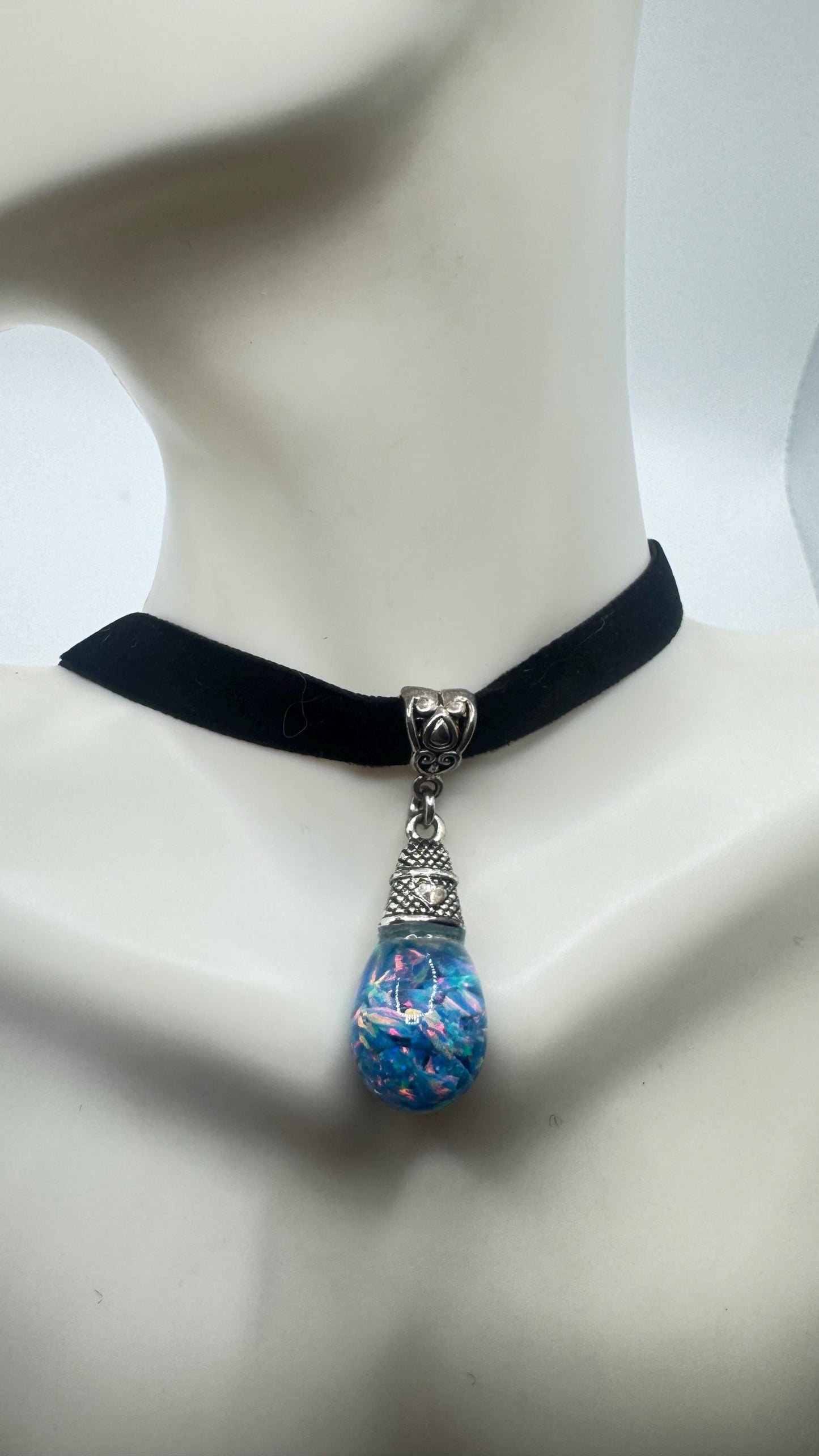Vintage Blue Floating Opal Choker Pendant Necklace Black Choker