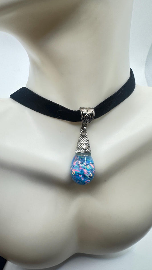 Vintage Blue Floating Opal Choker Pendant Necklace Black Choker
