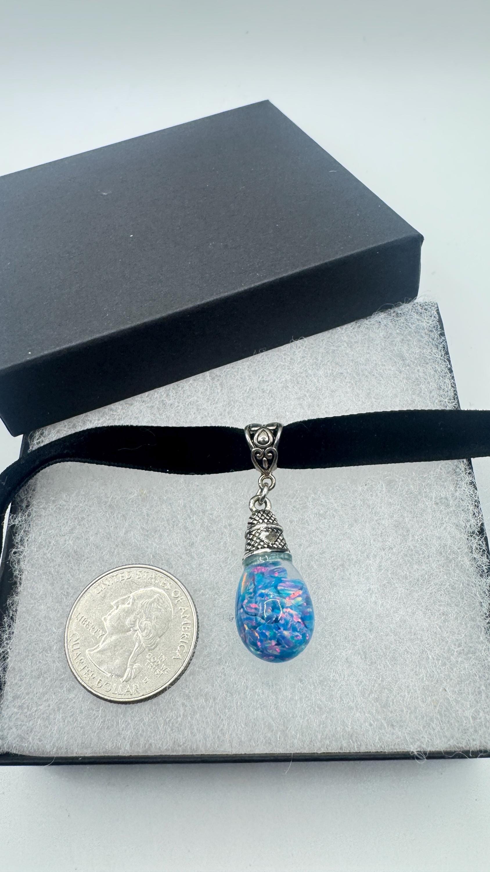 Vintage Blue Floating Opal Choker Pendant Necklace Black Choker