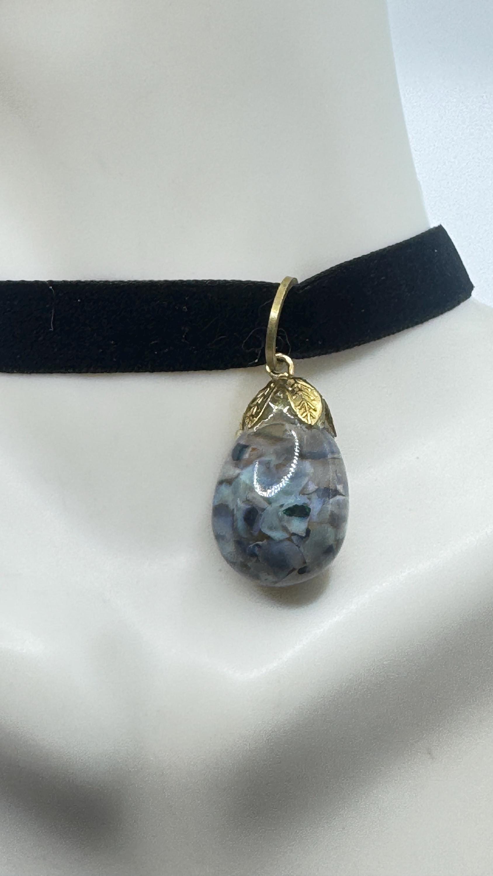Vintage Blue Floating Opal Choker Pendant Necklace Black Choker