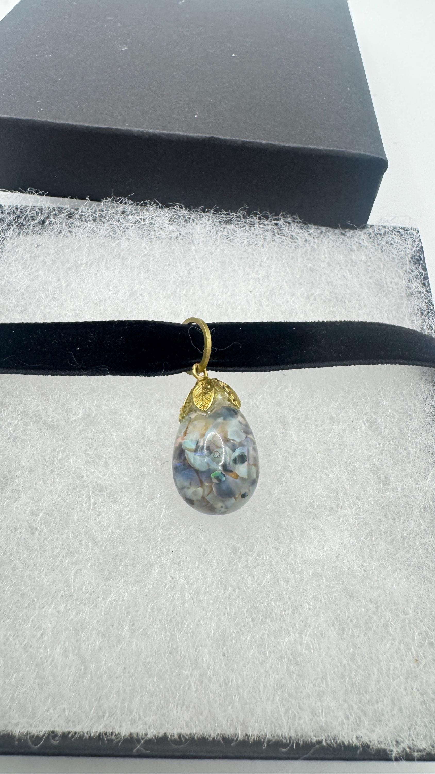 Vintage Blue Floating Opal Choker Pendant Necklace Black Choker