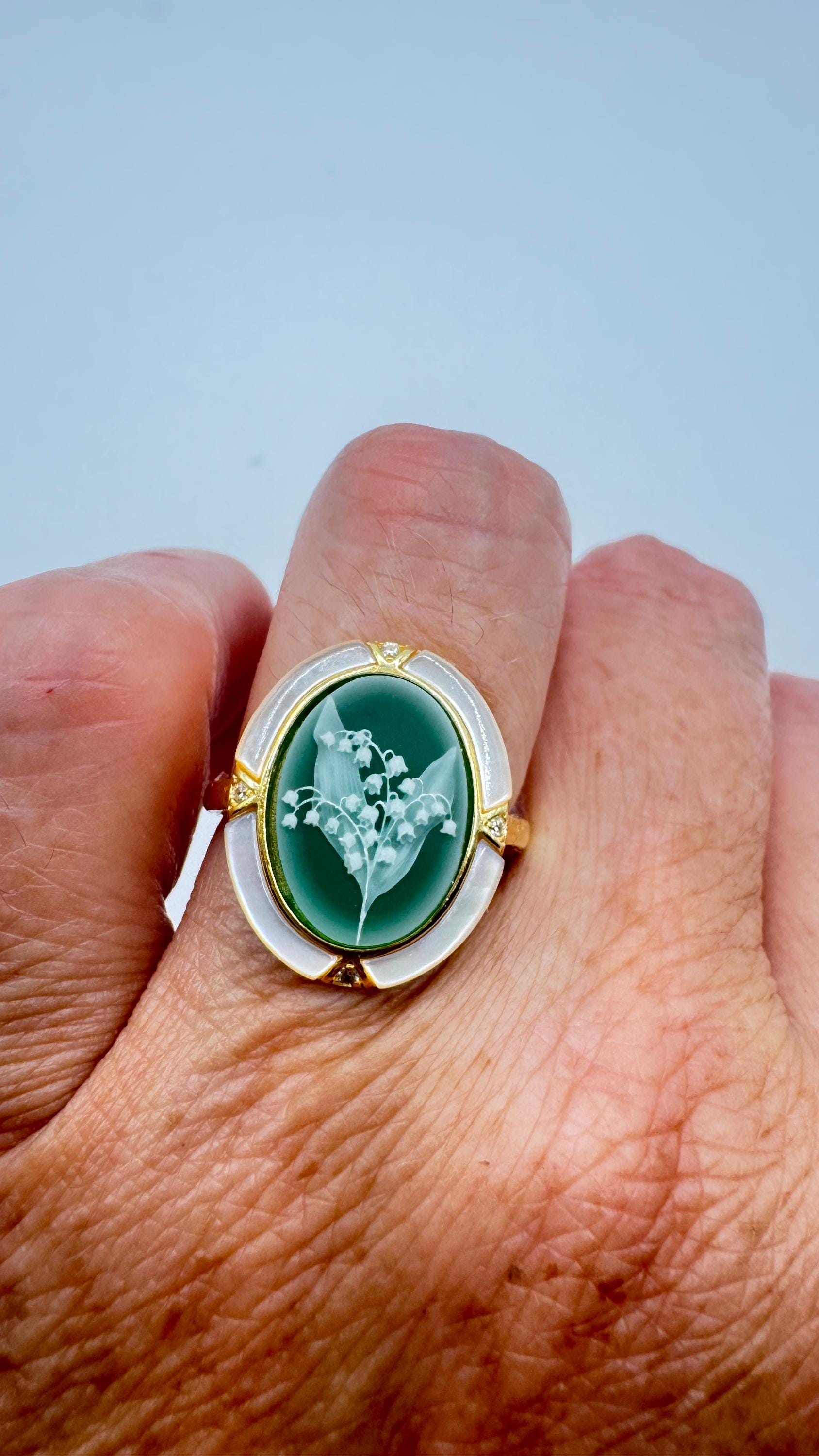 Vintage Lily of the Valley Cameo 925 Sterling Silver Ring