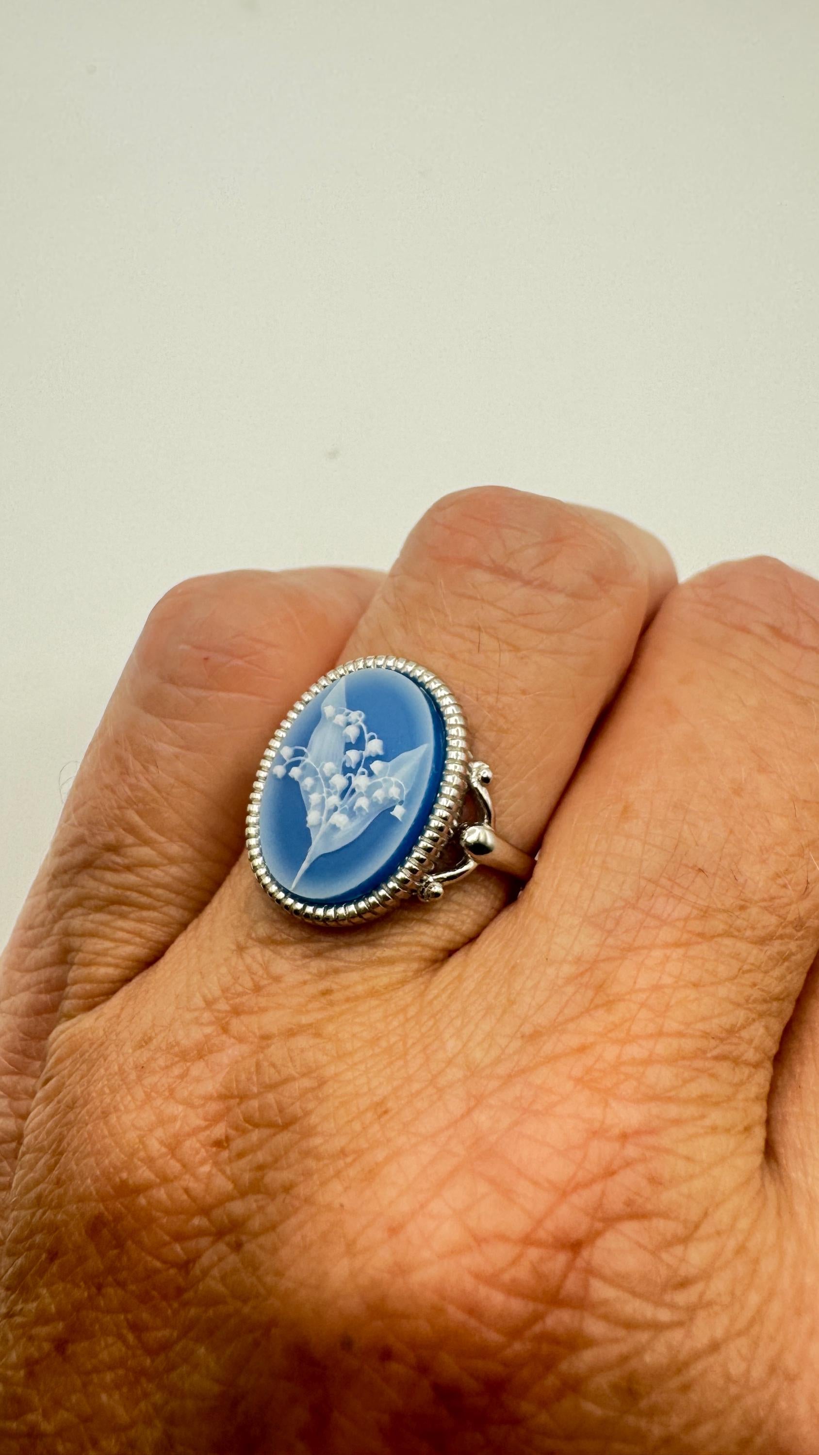 Vintage Lily of the Valley Cameo 925 Sterling Silver Ring