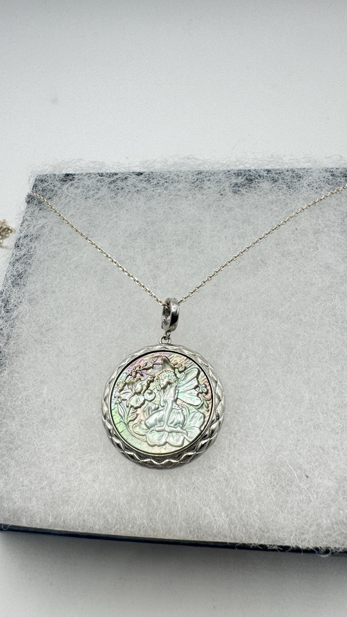 Vintage Fairy Genuine Abalone Cameo Sterling Silver Necklace