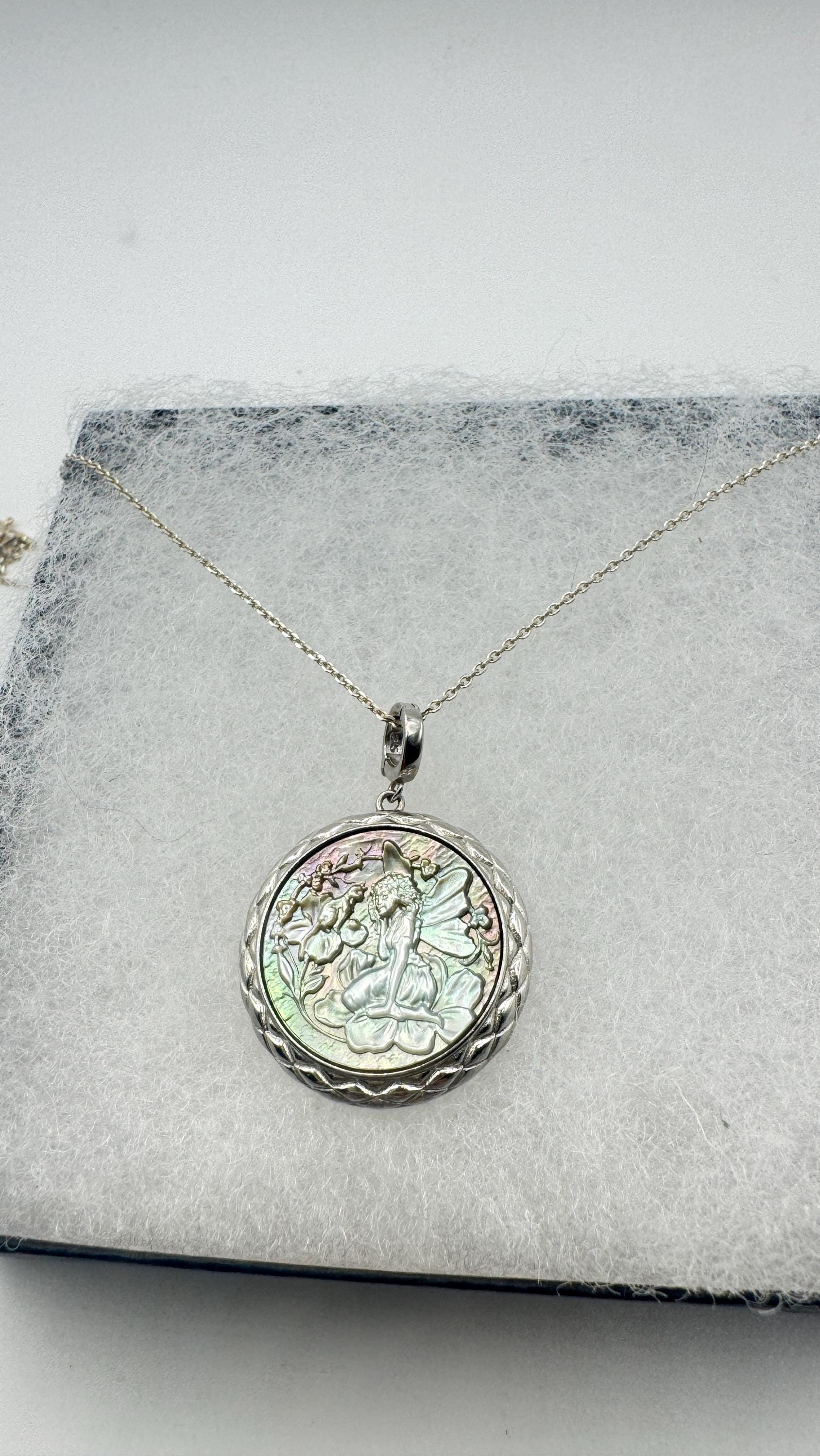 Vintage Fairy Genuine Abalone Cameo Sterling Silver Necklace