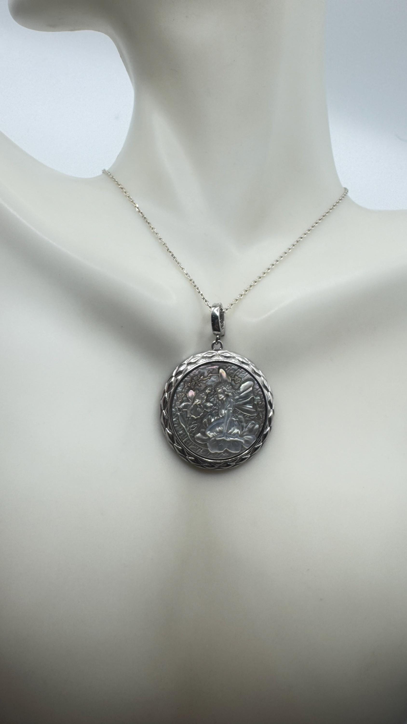 Vintage Fairy Genuine Abalone Cameo Sterling Silver Necklace