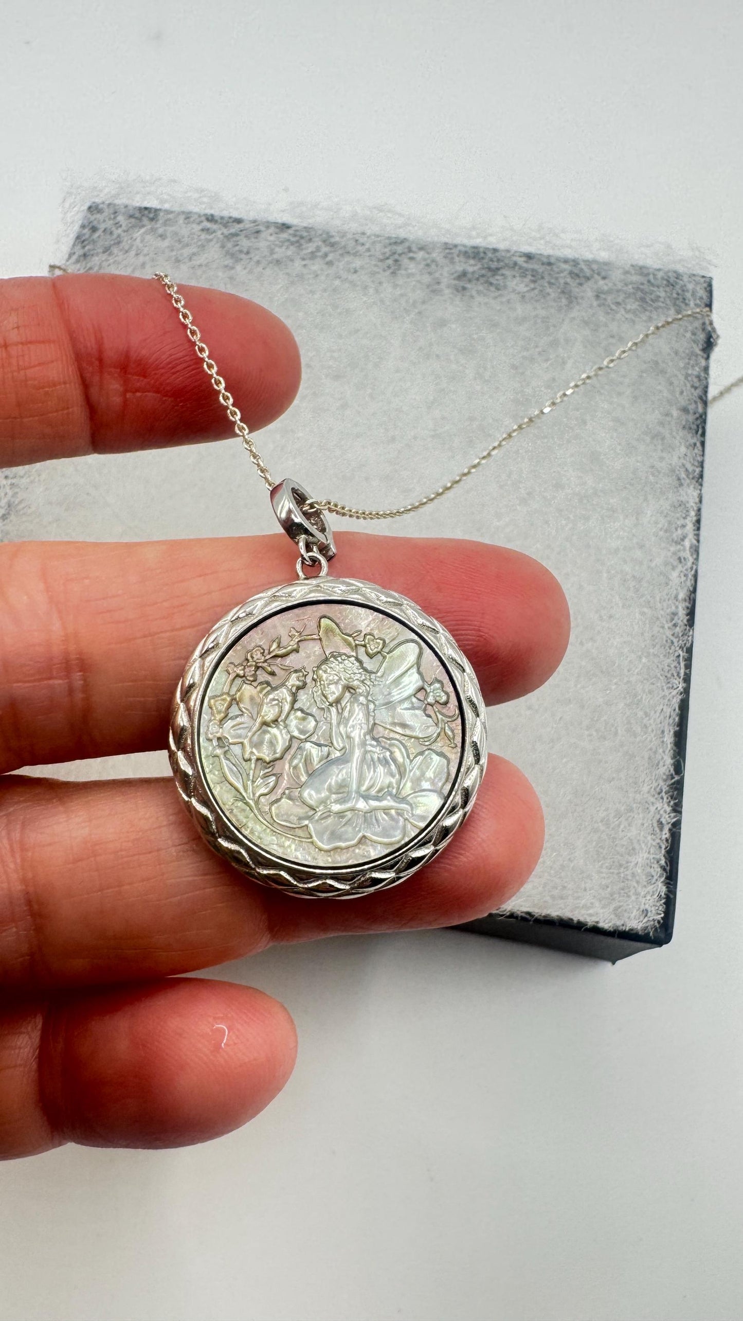 Vintage Fairy Genuine Abalone Cameo Sterling Silver Necklace