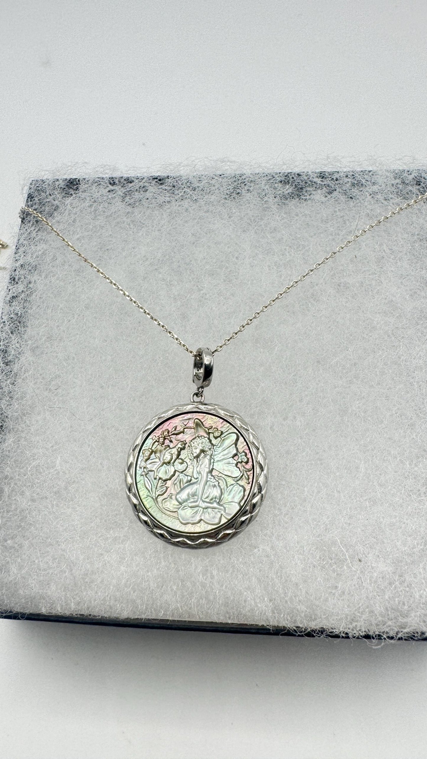 Vintage Fairy Genuine Abalone Cameo Sterling Silver Necklace