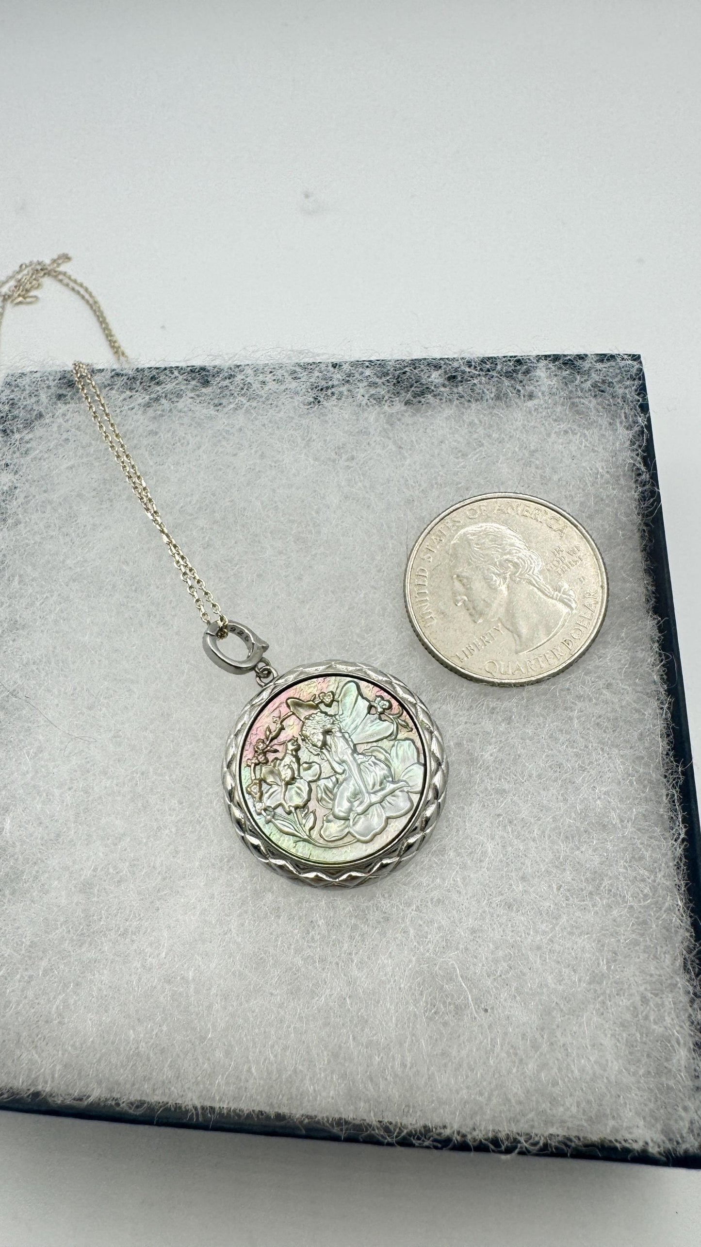 Vintage Fairy Genuine Abalone Cameo Sterling Silver Necklace