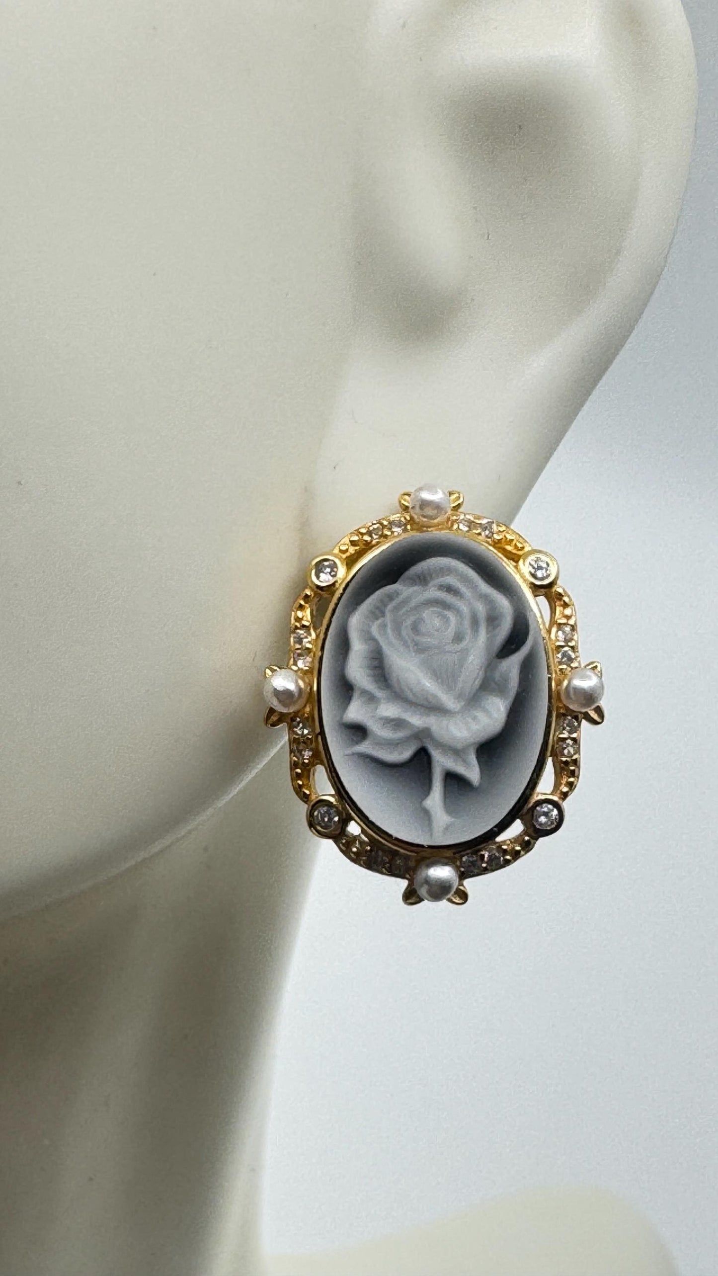 Vintage Rose Cameo Yellow Golden 925 Sterling Silver Earrings