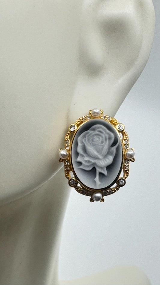 Vintage Rose Cameo Yellow Golden 925 Sterling Silver Earrings