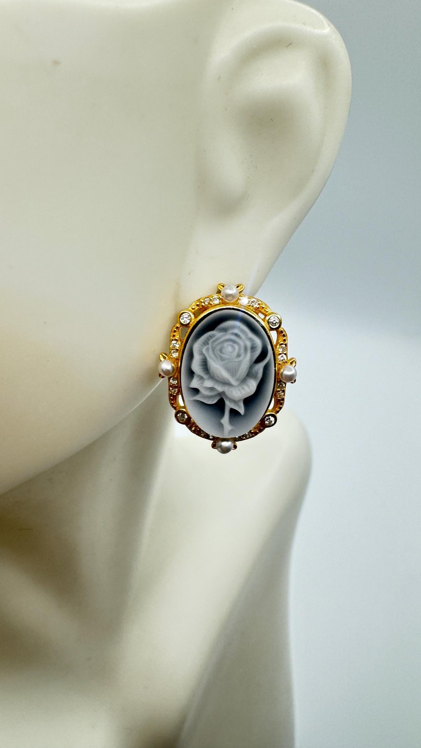 Vintage Rose Cameo Yellow Golden 925 Sterling Silver Earrings