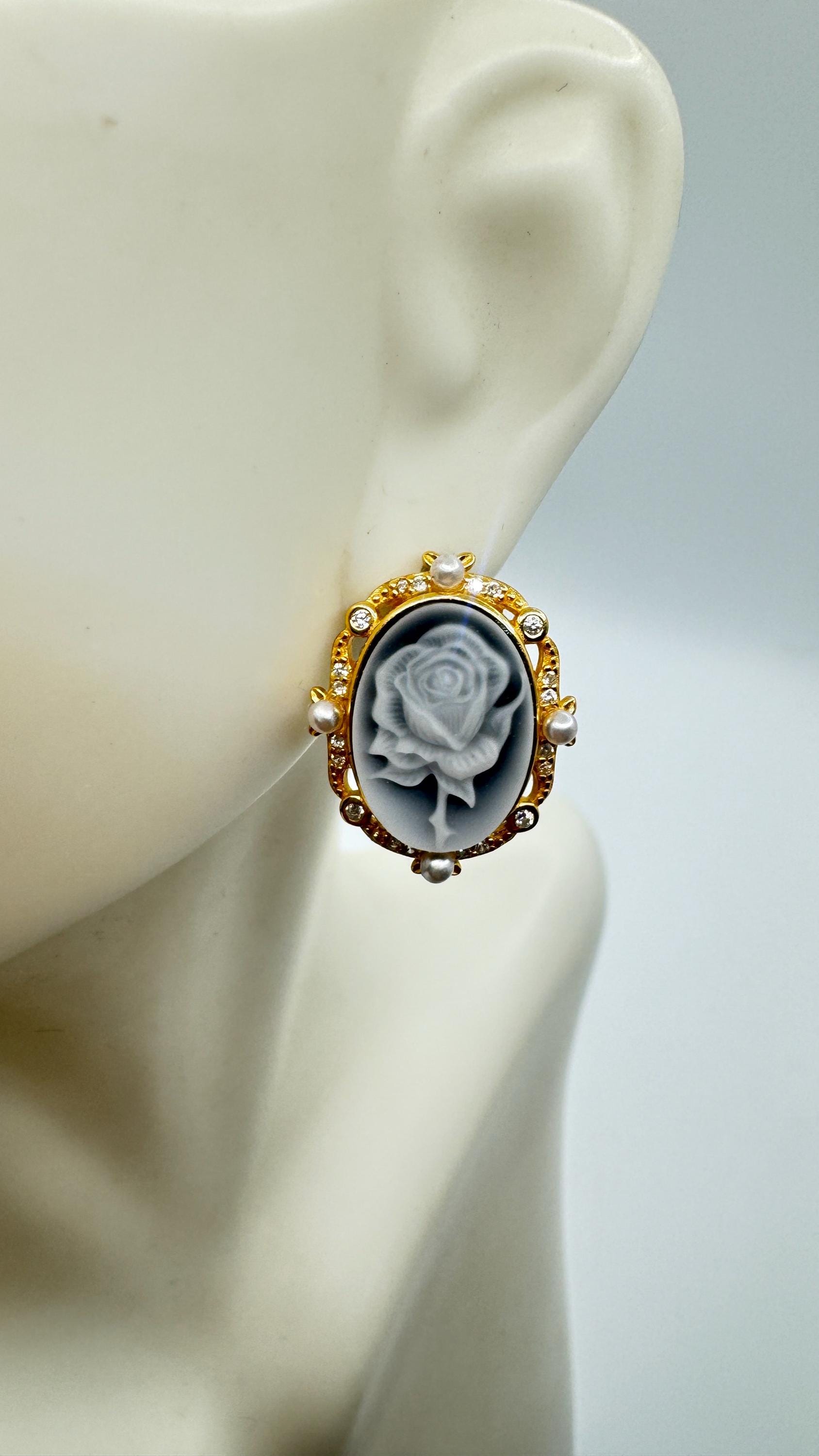 Vintage Rose Cameo Yellow Golden 925 Sterling Silver Earrings