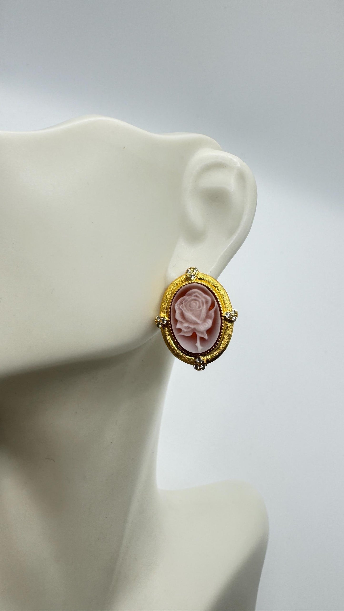 Vintage Rose Cameo Yellow Golden 925 Sterling Silver Earrings