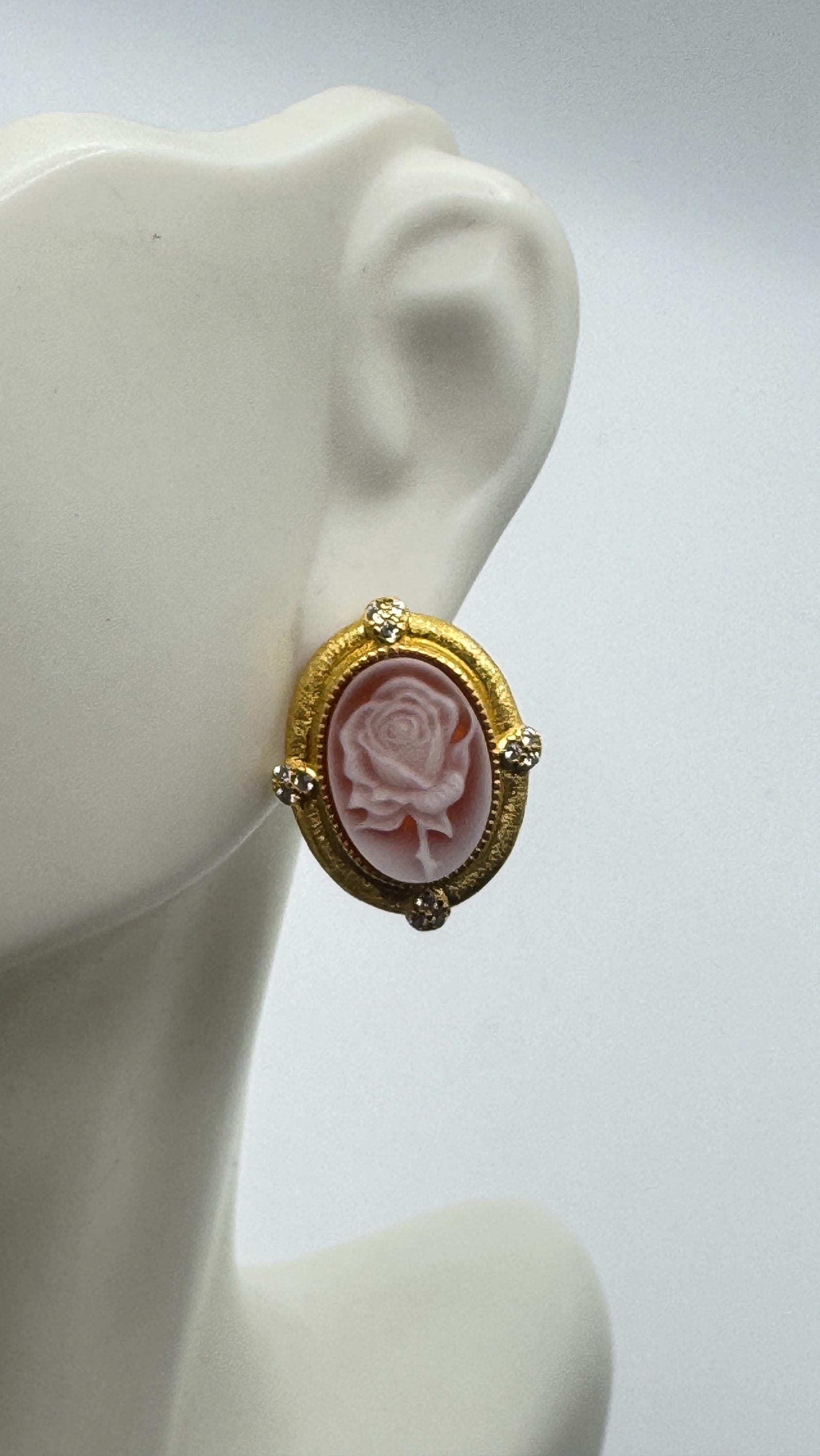 Vintage Rose Cameo Yellow Golden 925 Sterling Silver Earrings