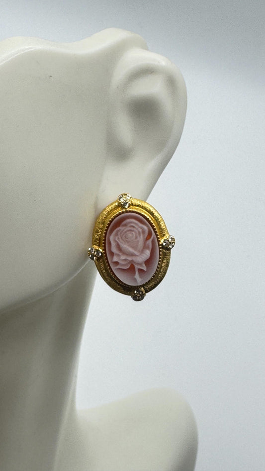 Vintage Rose Cameo Yellow Golden 925 Sterling Silver Earrings