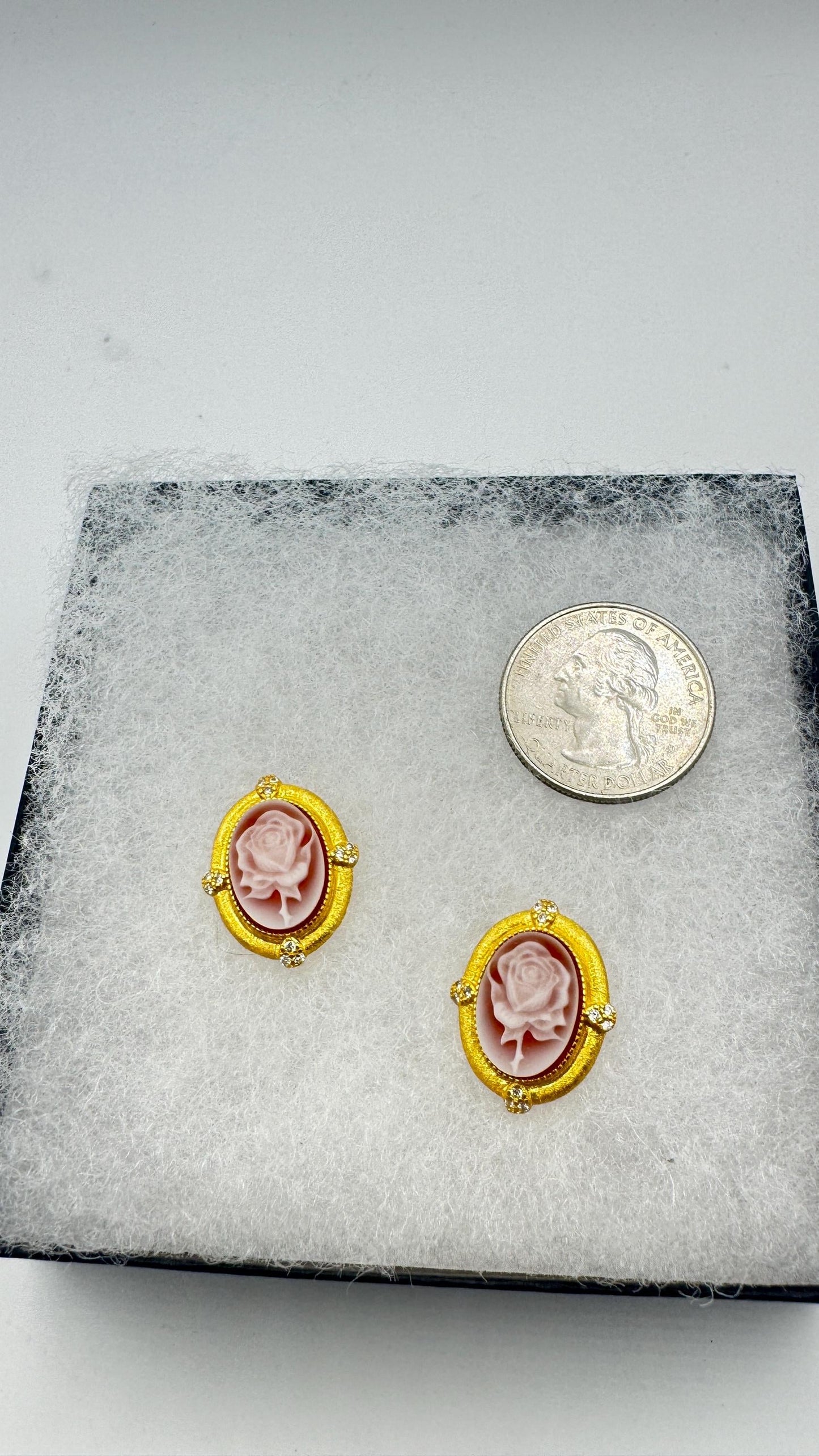 Vintage Rose Cameo Yellow Golden 925 Sterling Silver Earrings