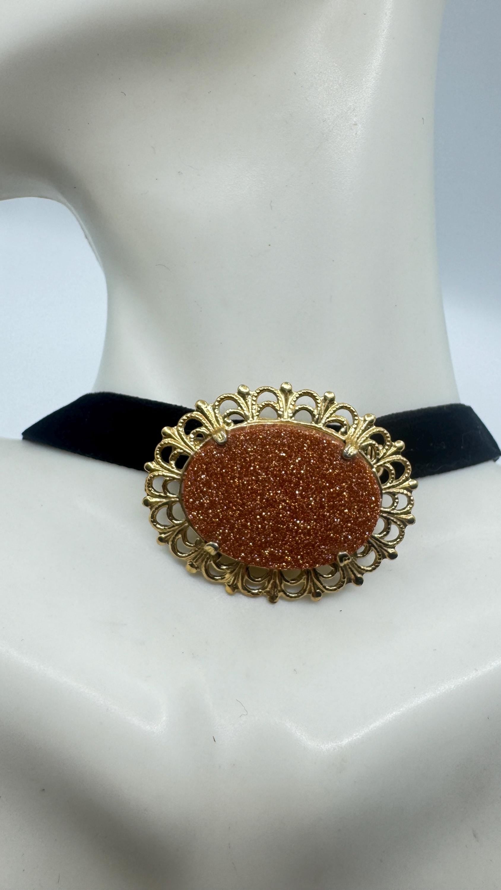 Vintage Tigers Eye Gold Filled Choker Necklace Pin Brooch