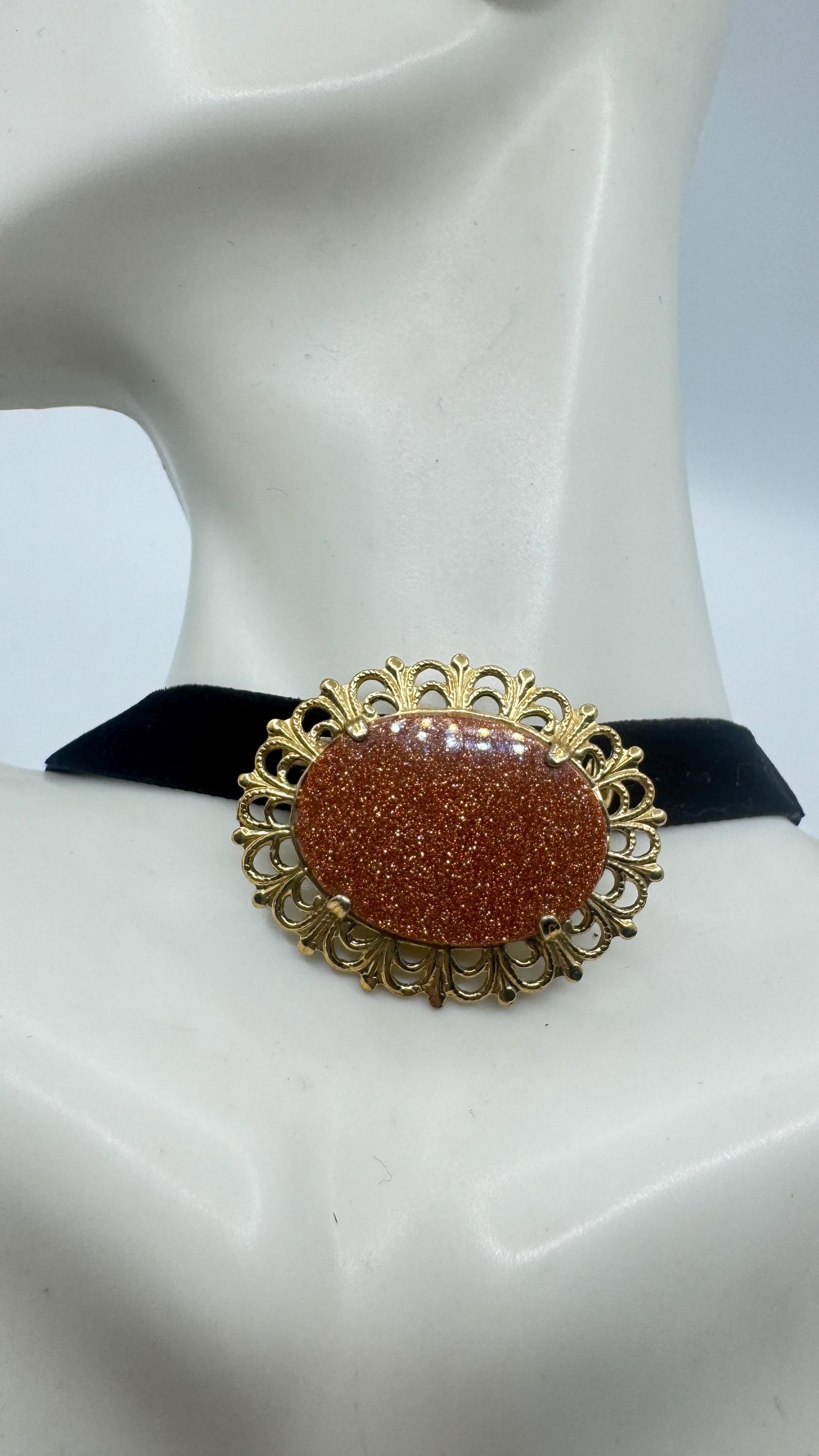 Vintage Tigers Eye Gold Filled Choker Necklace Pin Brooch