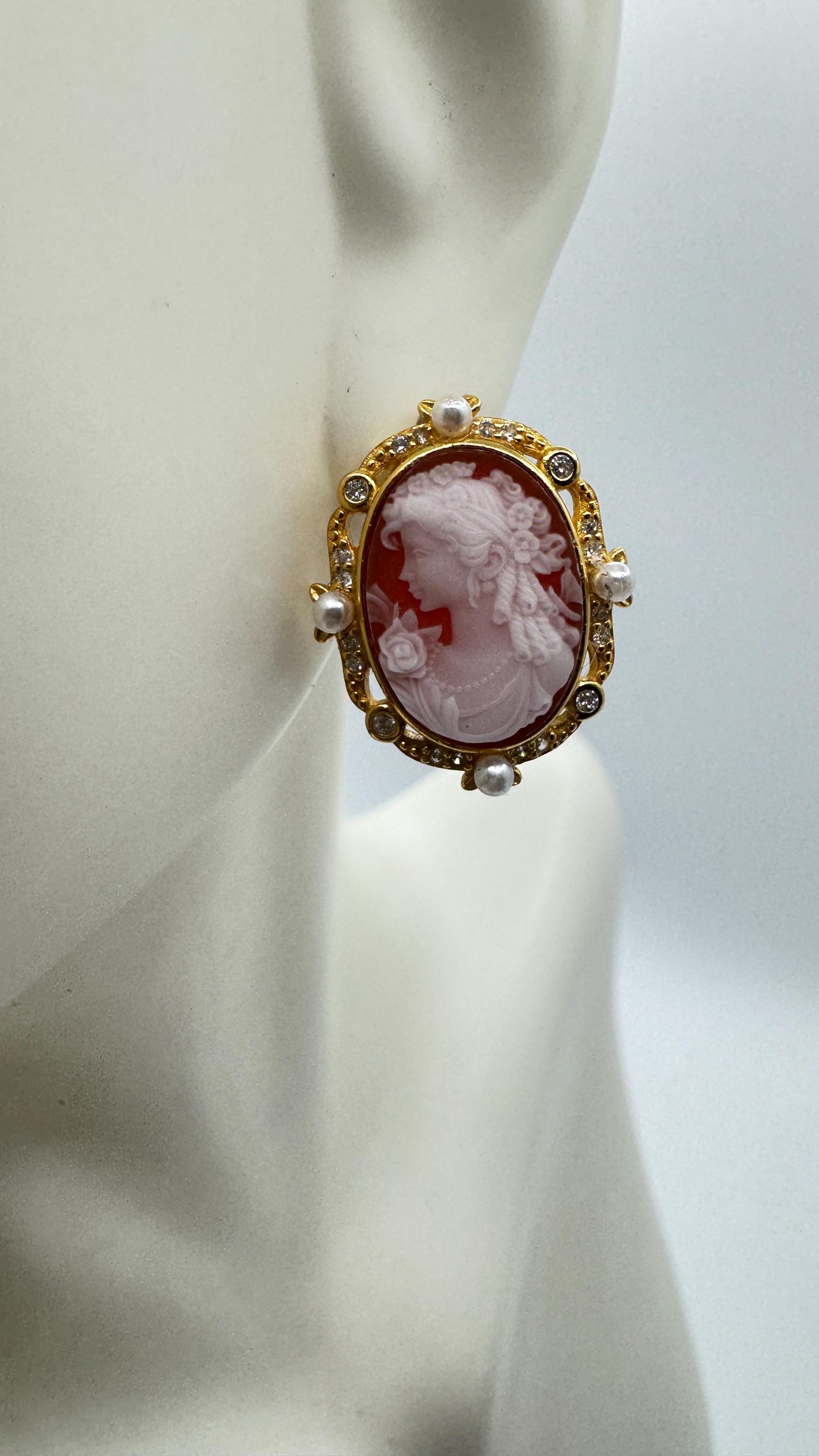 Vintage Cameo Yellow Gold 925 Sterling Silver dangle Earrings