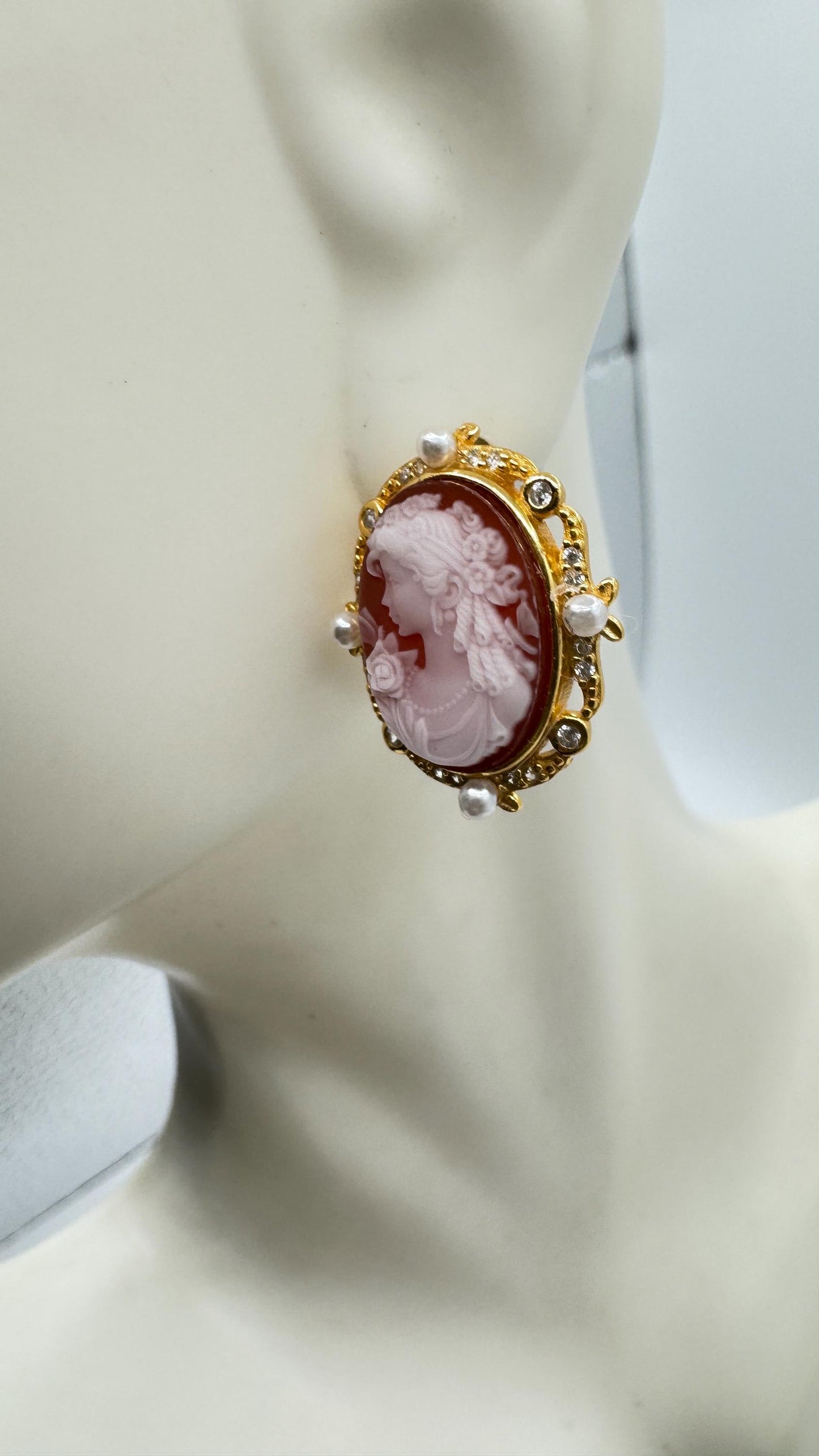 Vintage Cameo Yellow Gold 925 Sterling Silver dangle Earrings