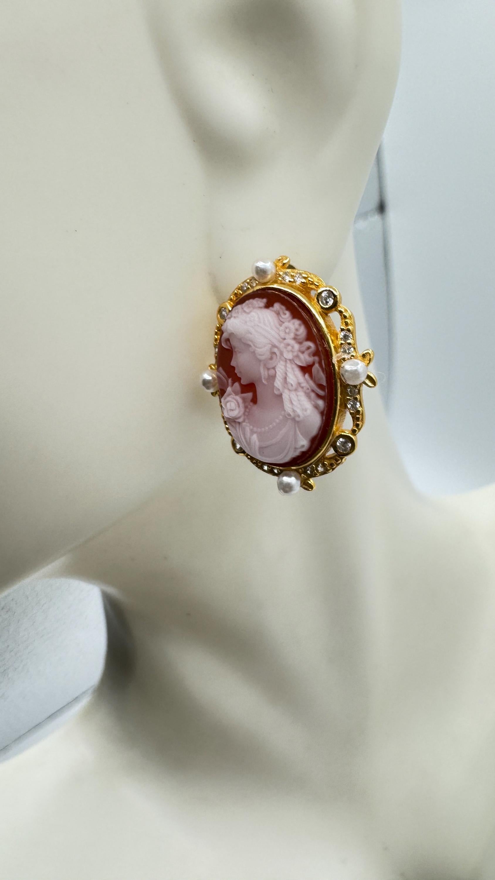 Vintage Cameo Yellow Gold 925 Sterling Silver dangle Earrings