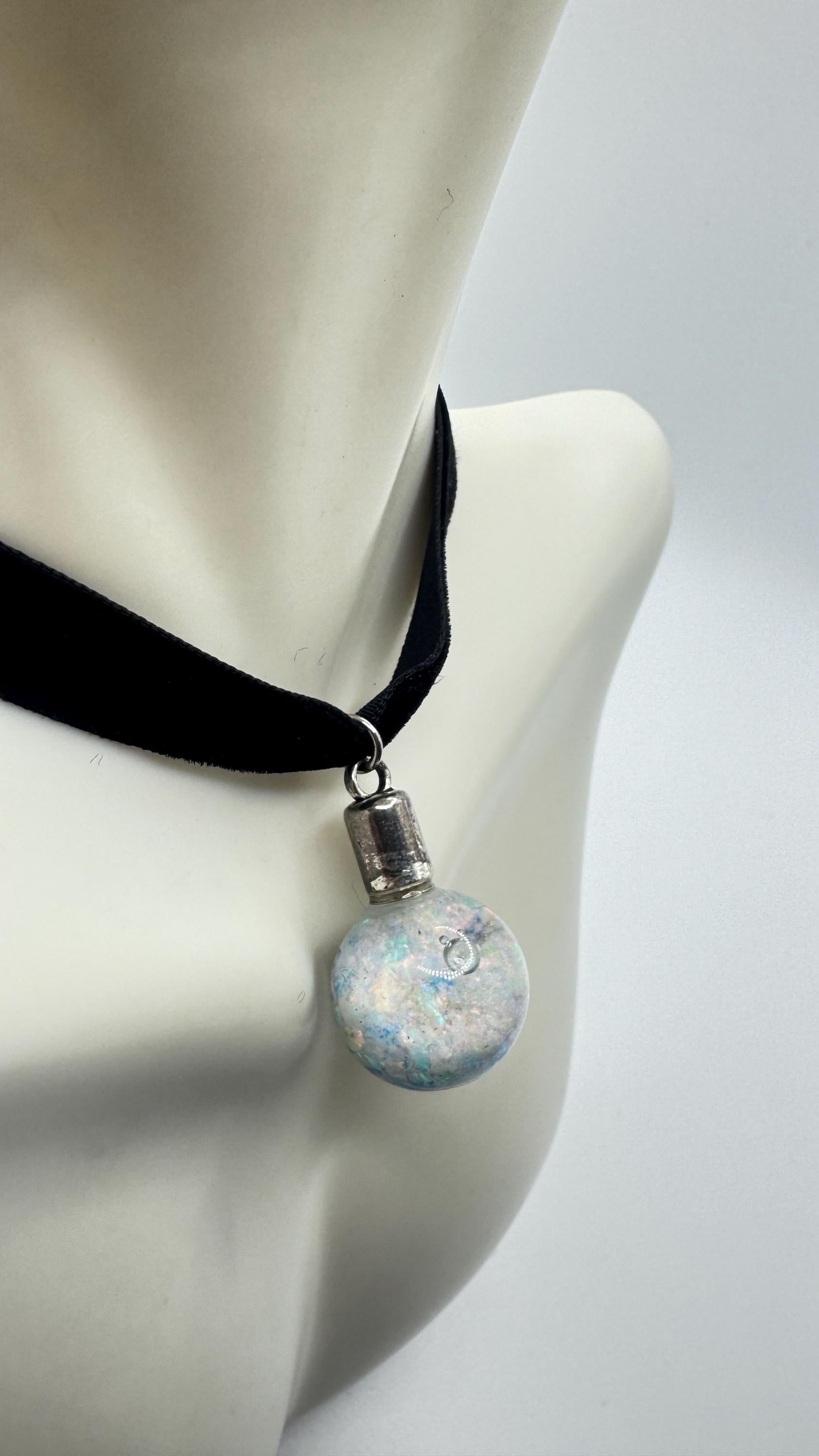 Vintage White Floating Opal Choker Pendant Necklace Black Choker