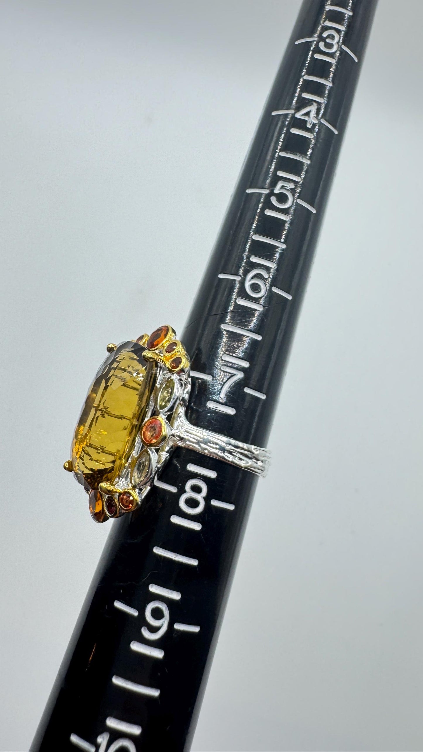 Vintage Golden Citrine Ring Deco 925 Sterling Silver