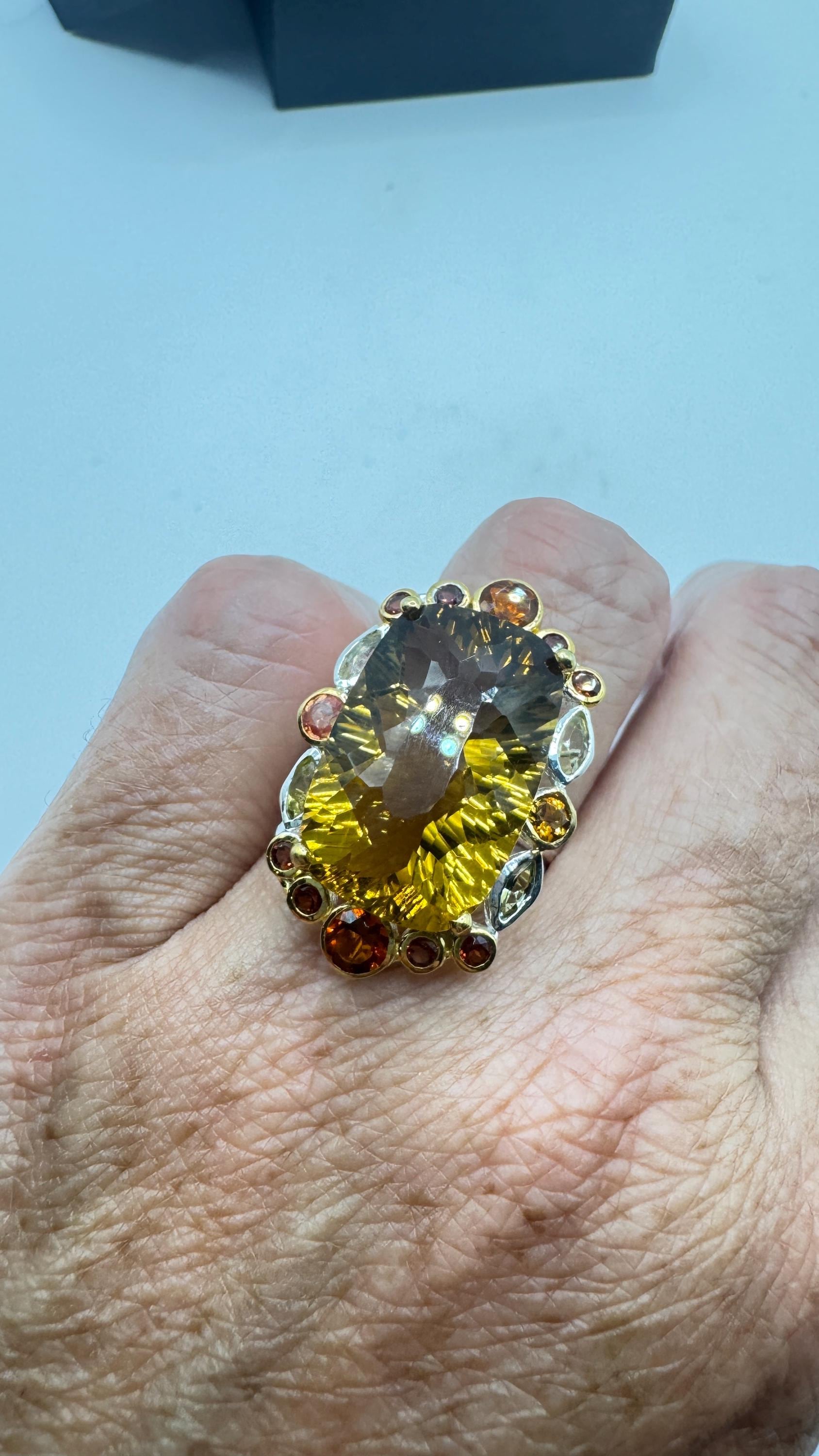 Vintage Golden Citrine Ring Deco 925 Sterling Silver