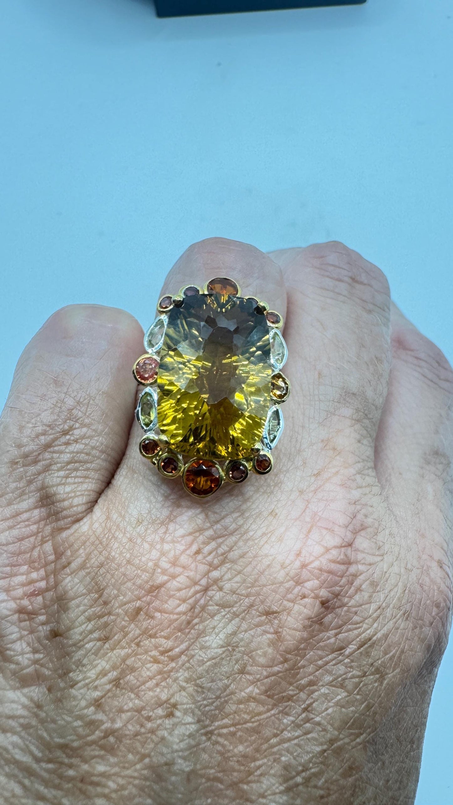 Vintage Golden Citrine Ring Deco 925 Sterling Silver