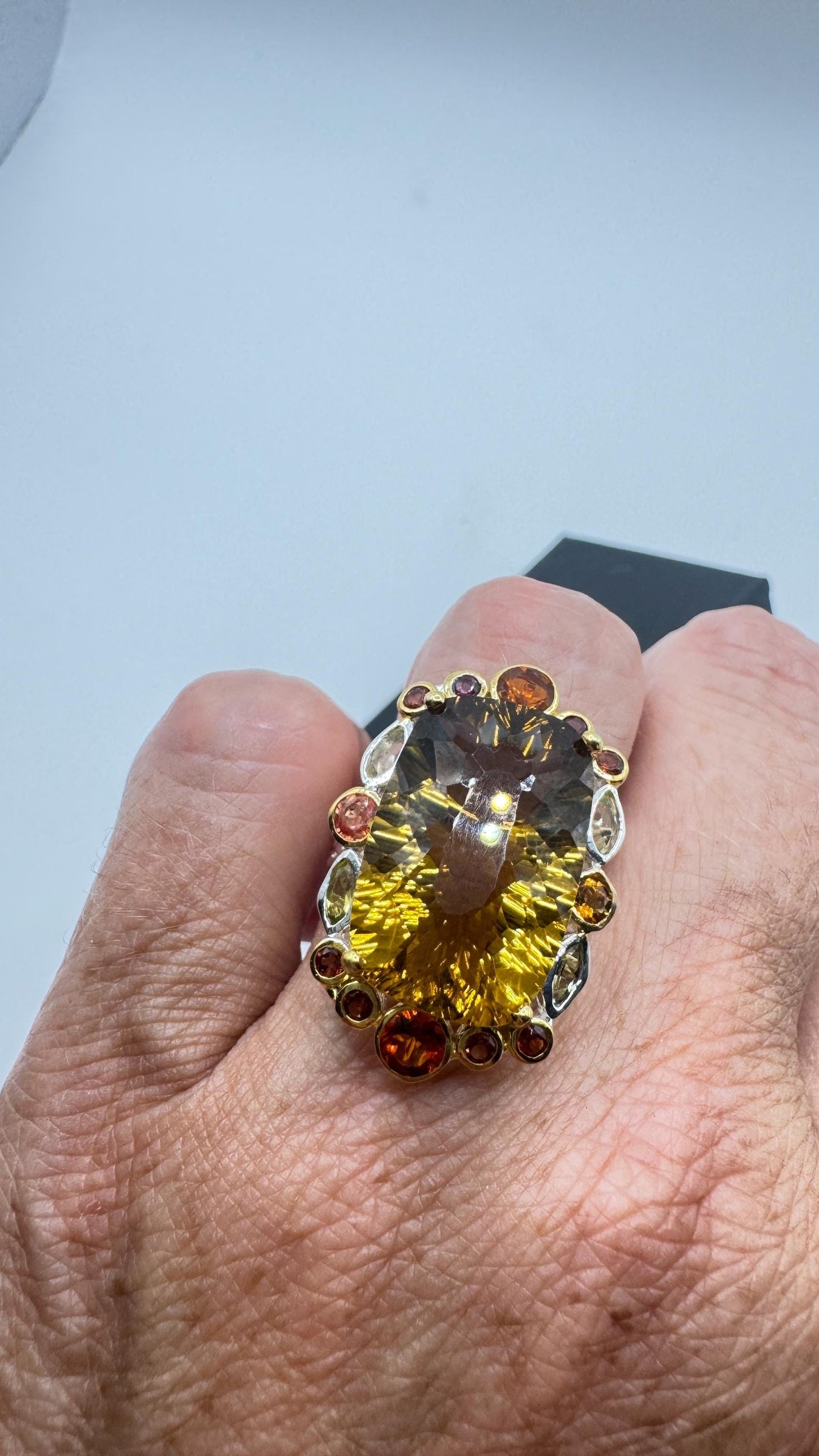 Vintage Golden Citrine Ring Deco 925 Sterling Silver