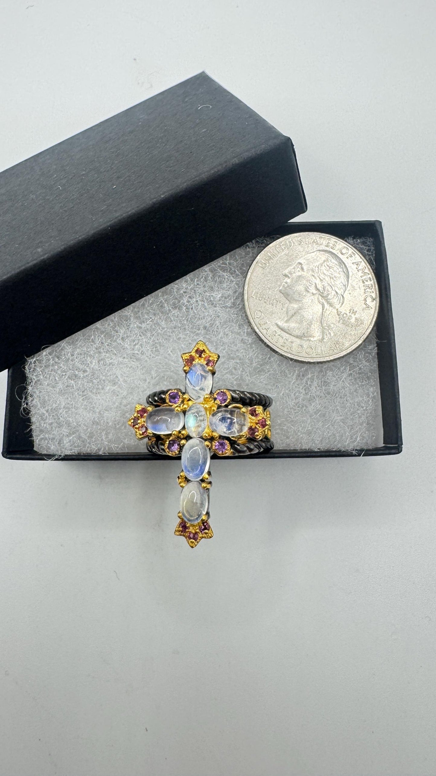 Vintage Rainbow Moonstone Cross Ring 925 Sterling Silver