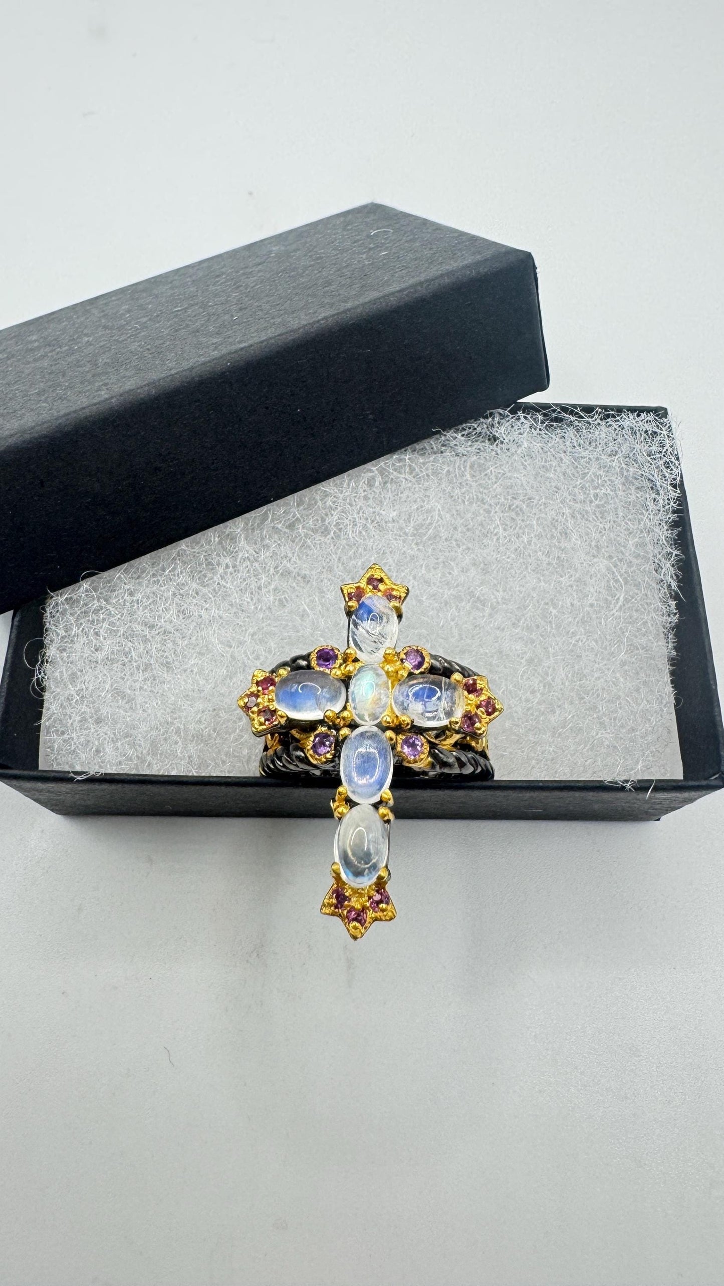 Vintage Rainbow Moonstone Cross Ring 925 Sterling Silver