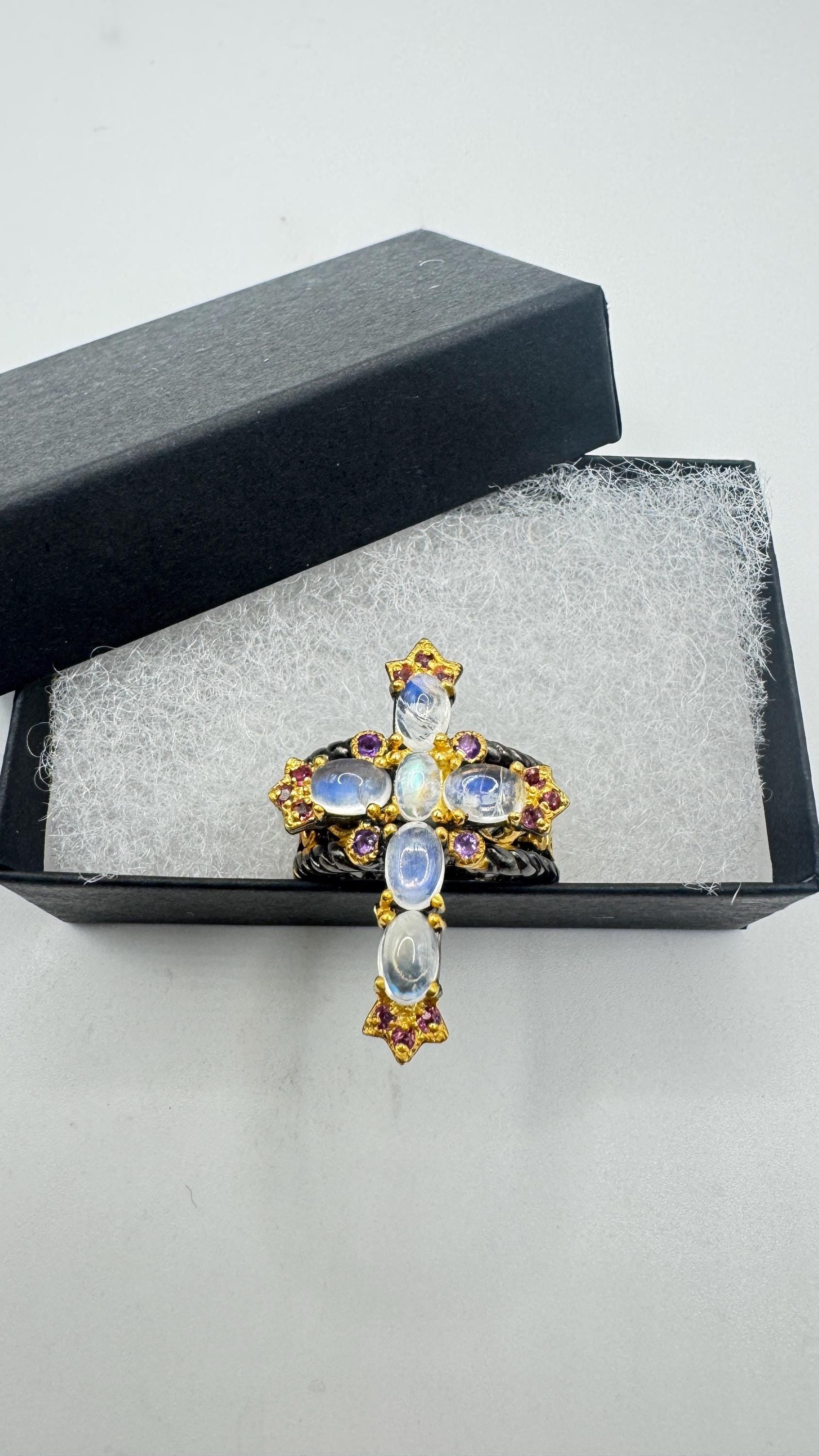 Vintage Rainbow Moonstone Cross Ring 925 Sterling Silver
